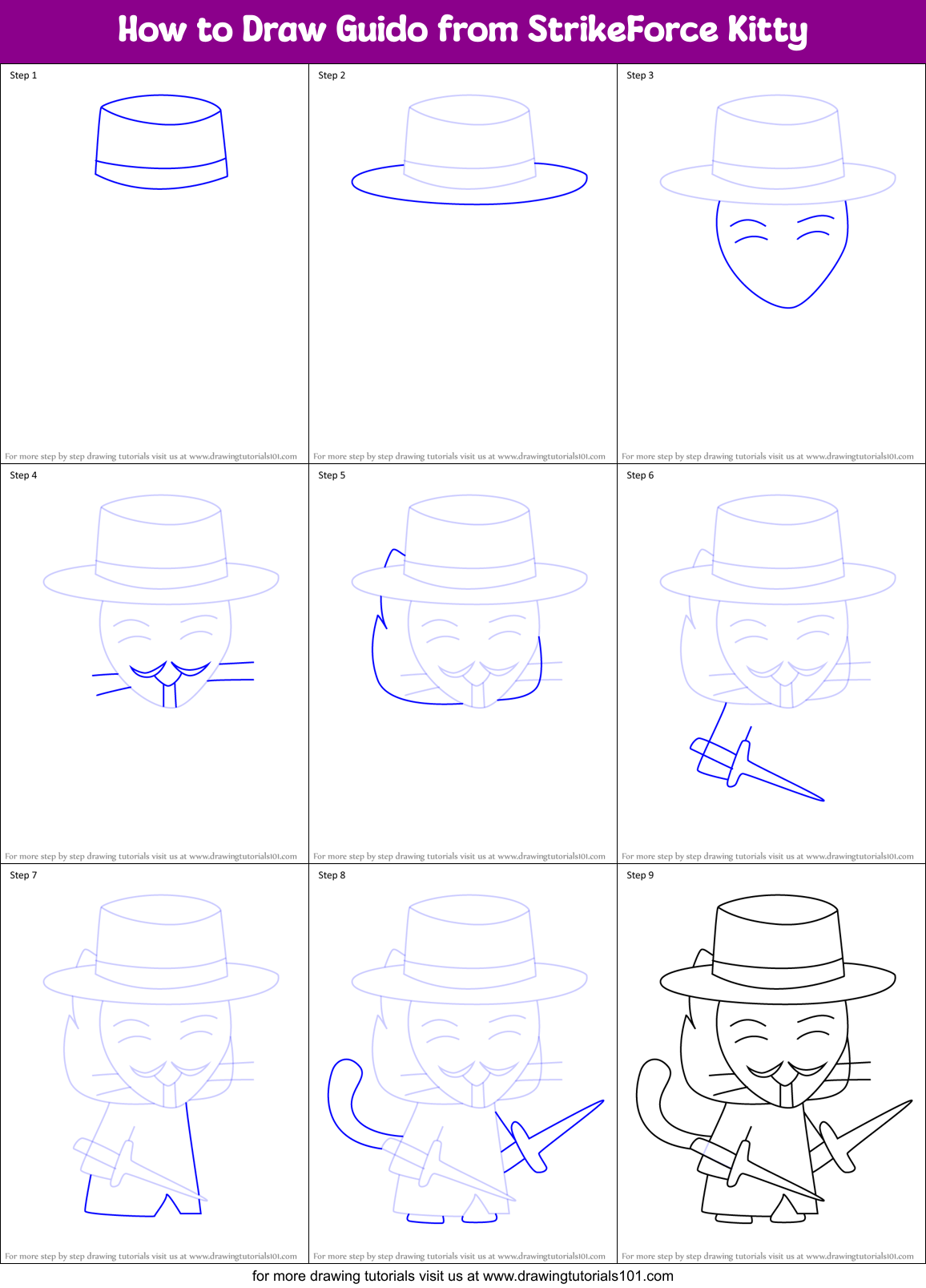 How to Draw Guido from StrikeForce Kitty Printable Step by Step