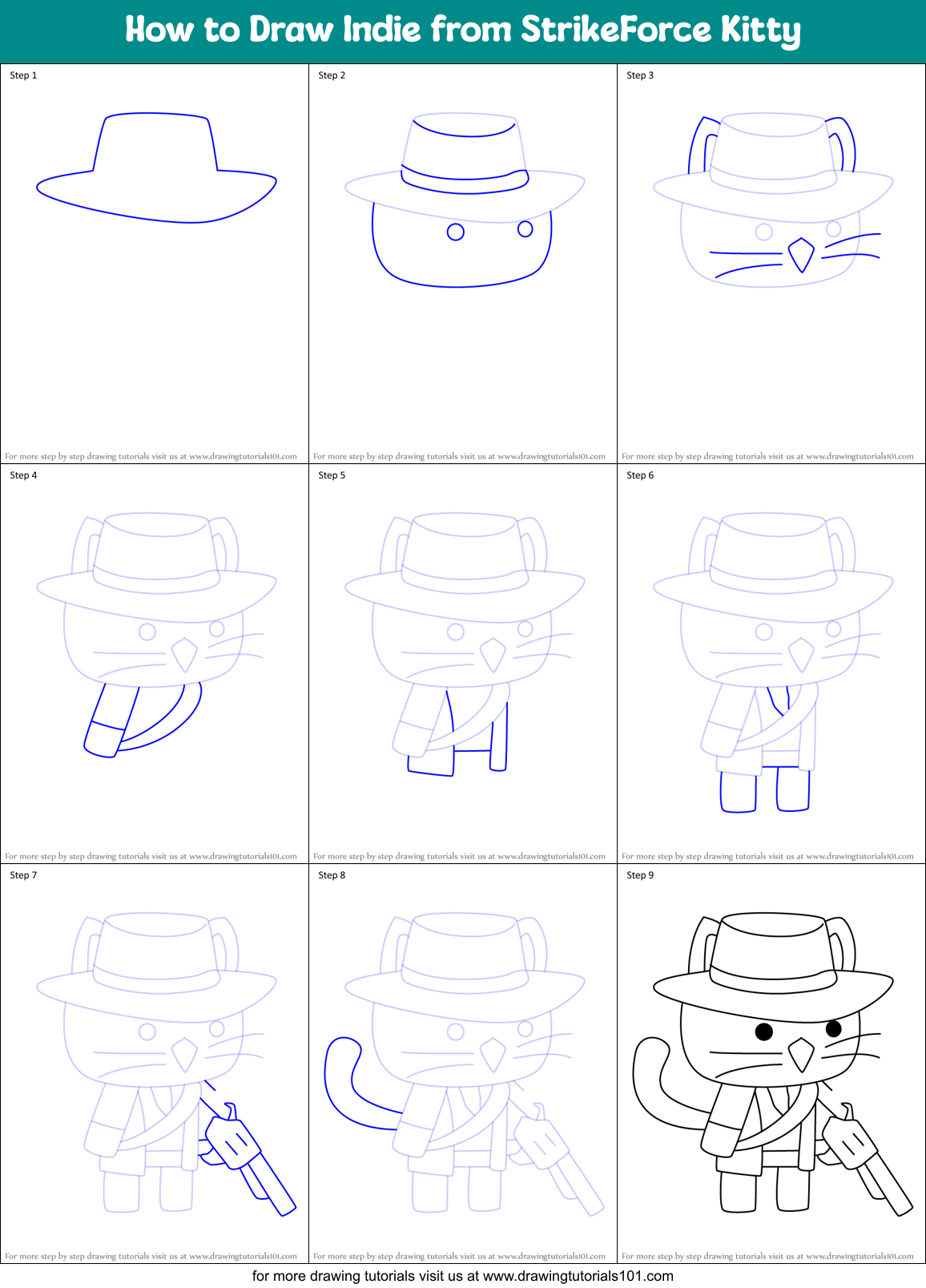 How to Draw Indie from StrikeForce Kitty Printable Step by Step