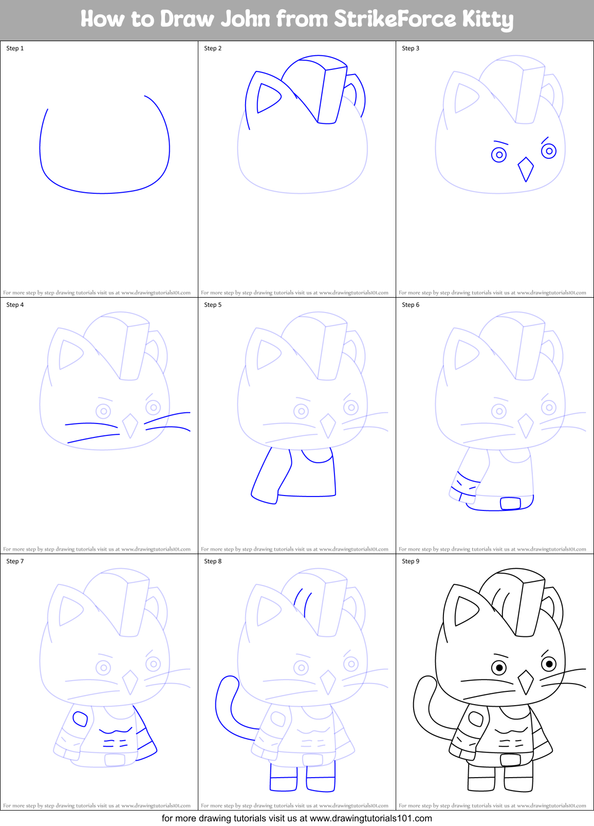 How to Draw John from StrikeForce Kitty Printable Step by Step