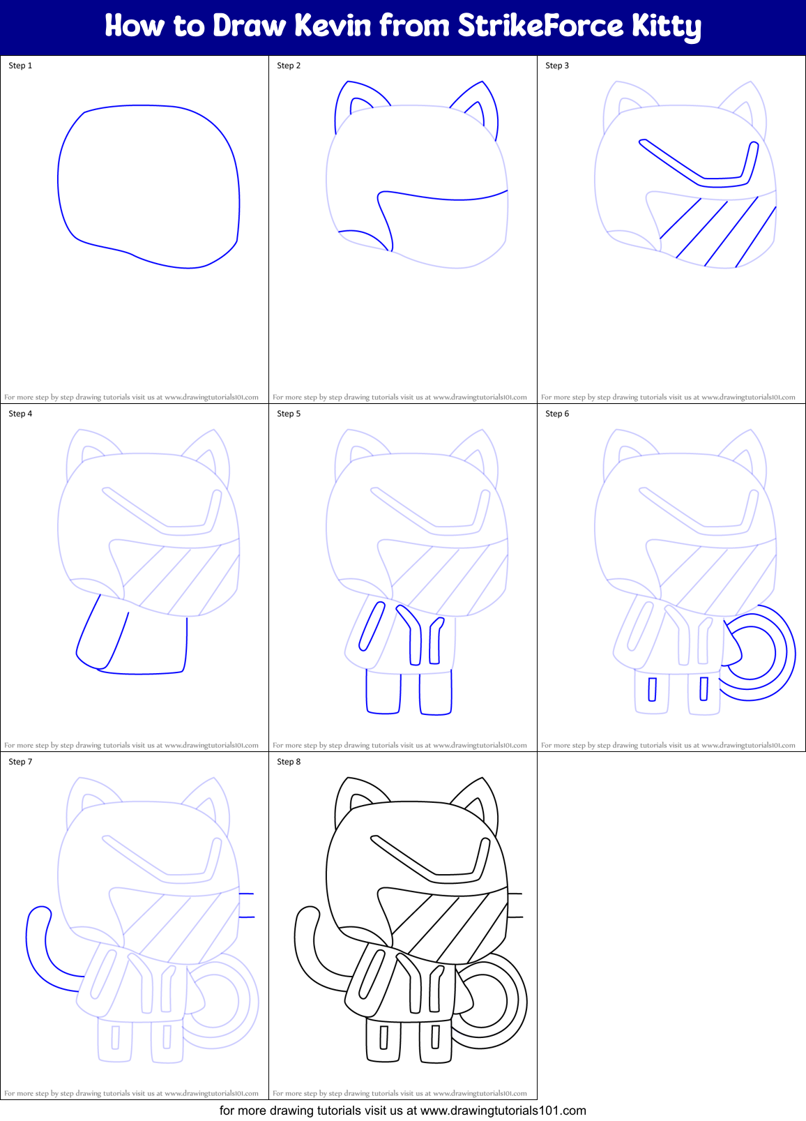 How to Draw Kevin from StrikeForce Kitty Printable Step by Step