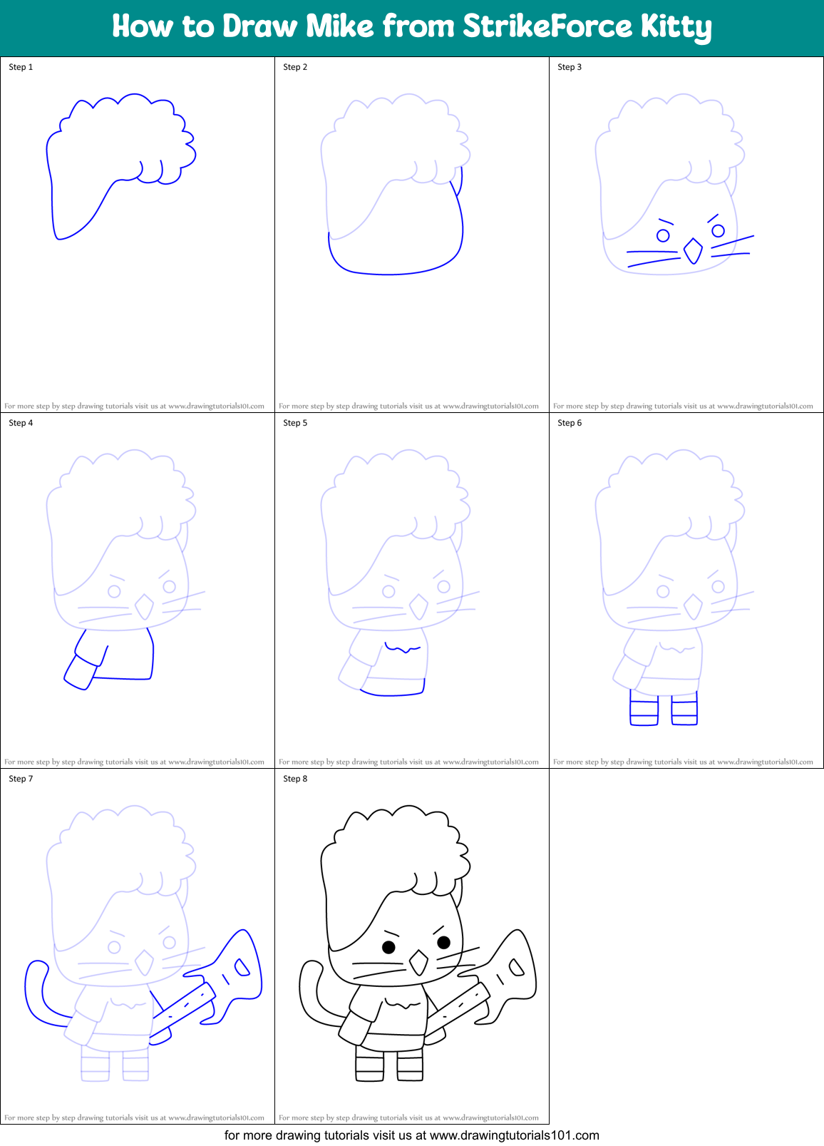 How to Draw Mike from StrikeForce Kitty Printable Step by Step
