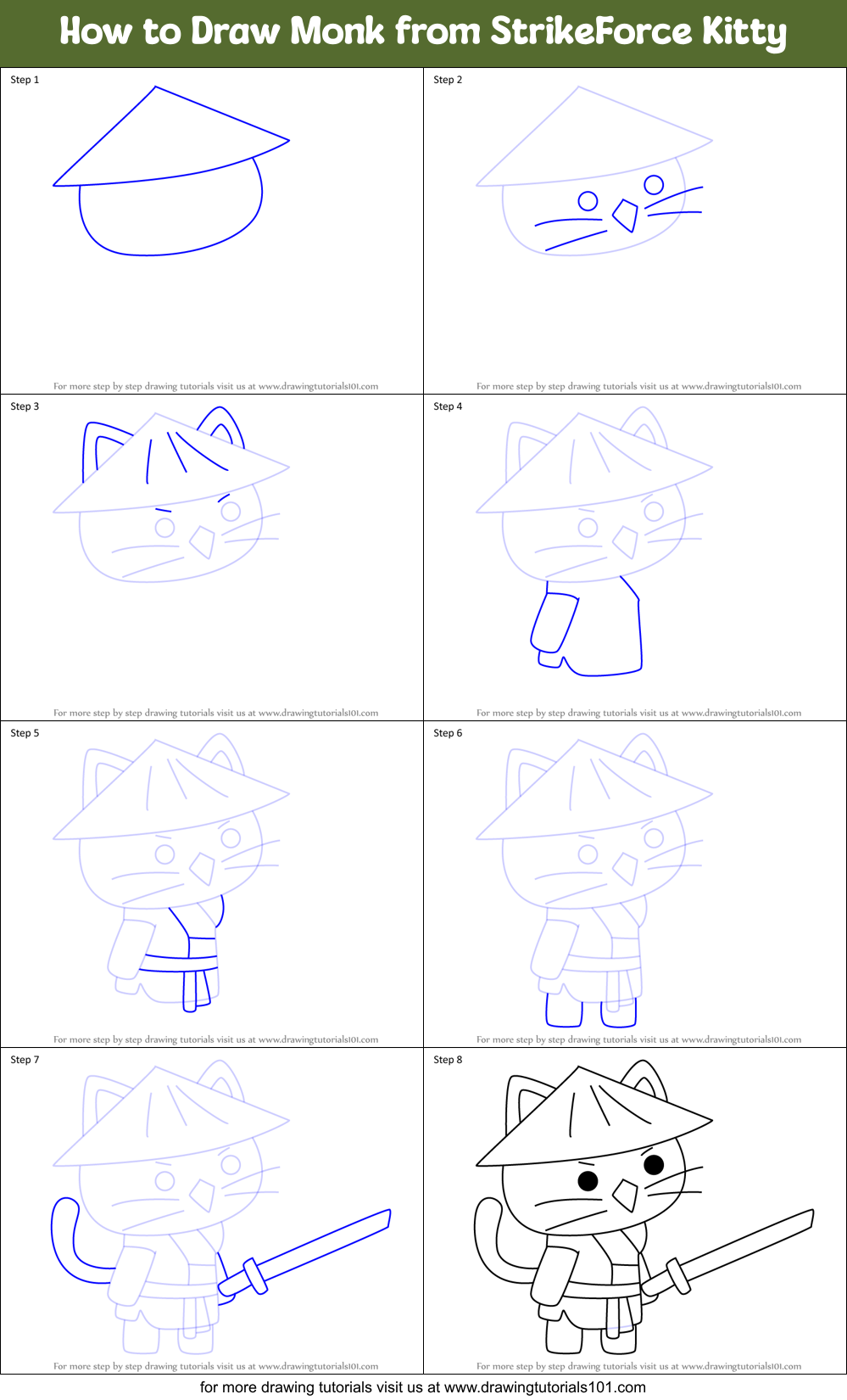 How to Draw Monk from StrikeForce Kitty Printable Step by Step