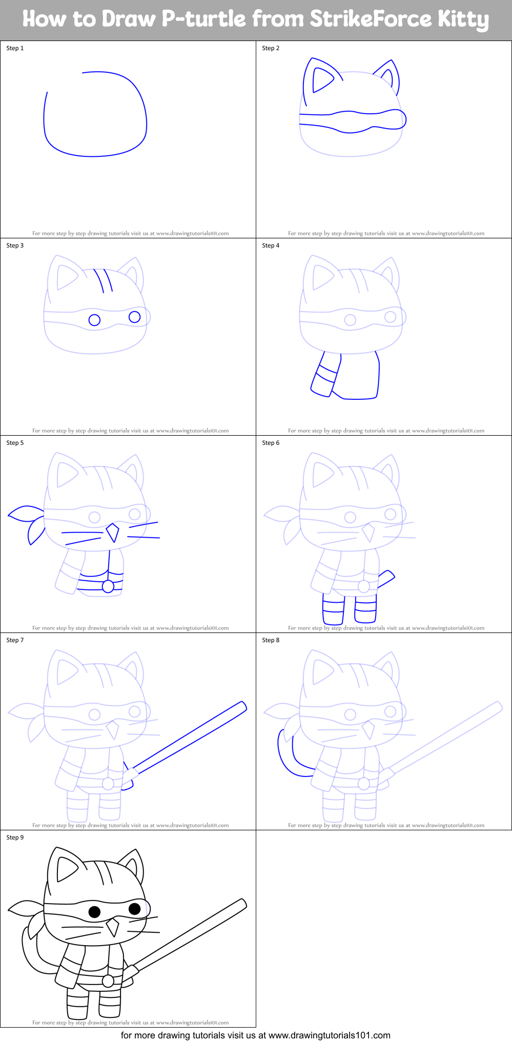 How to Draw P-turtle from StrikeForce Kitty Printable Step by Step