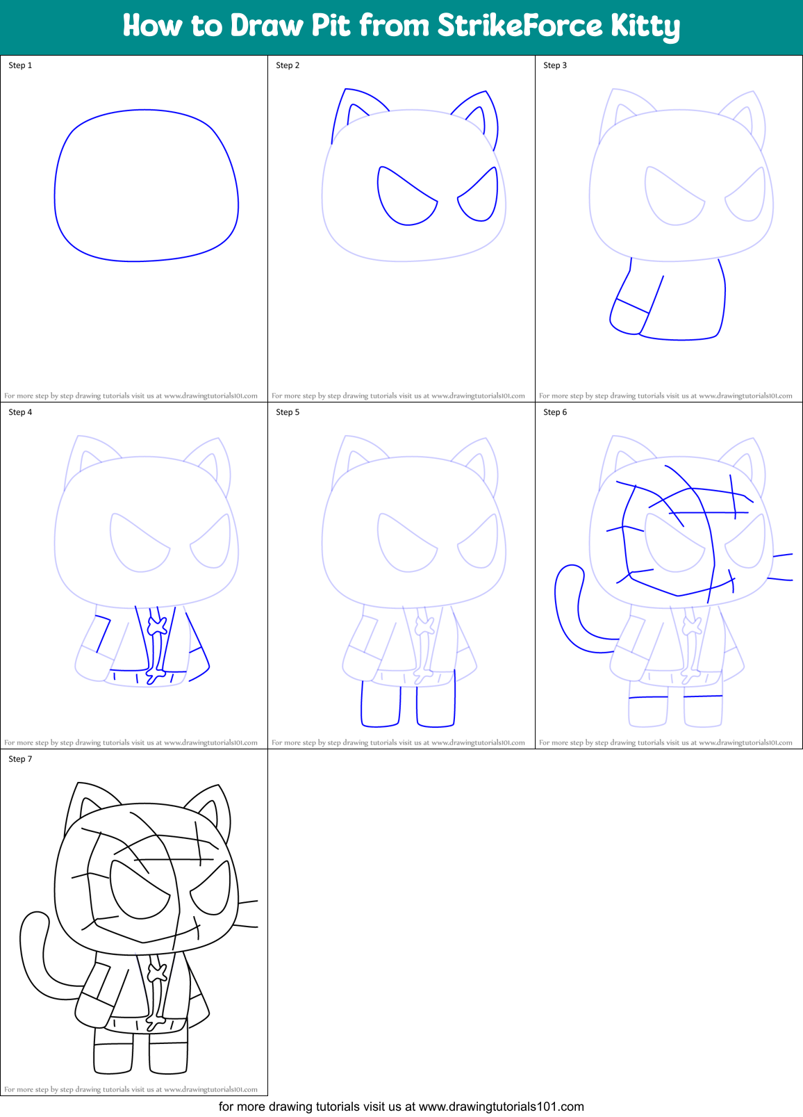 How to Draw Pit from StrikeForce Kitty Printable Step by Step