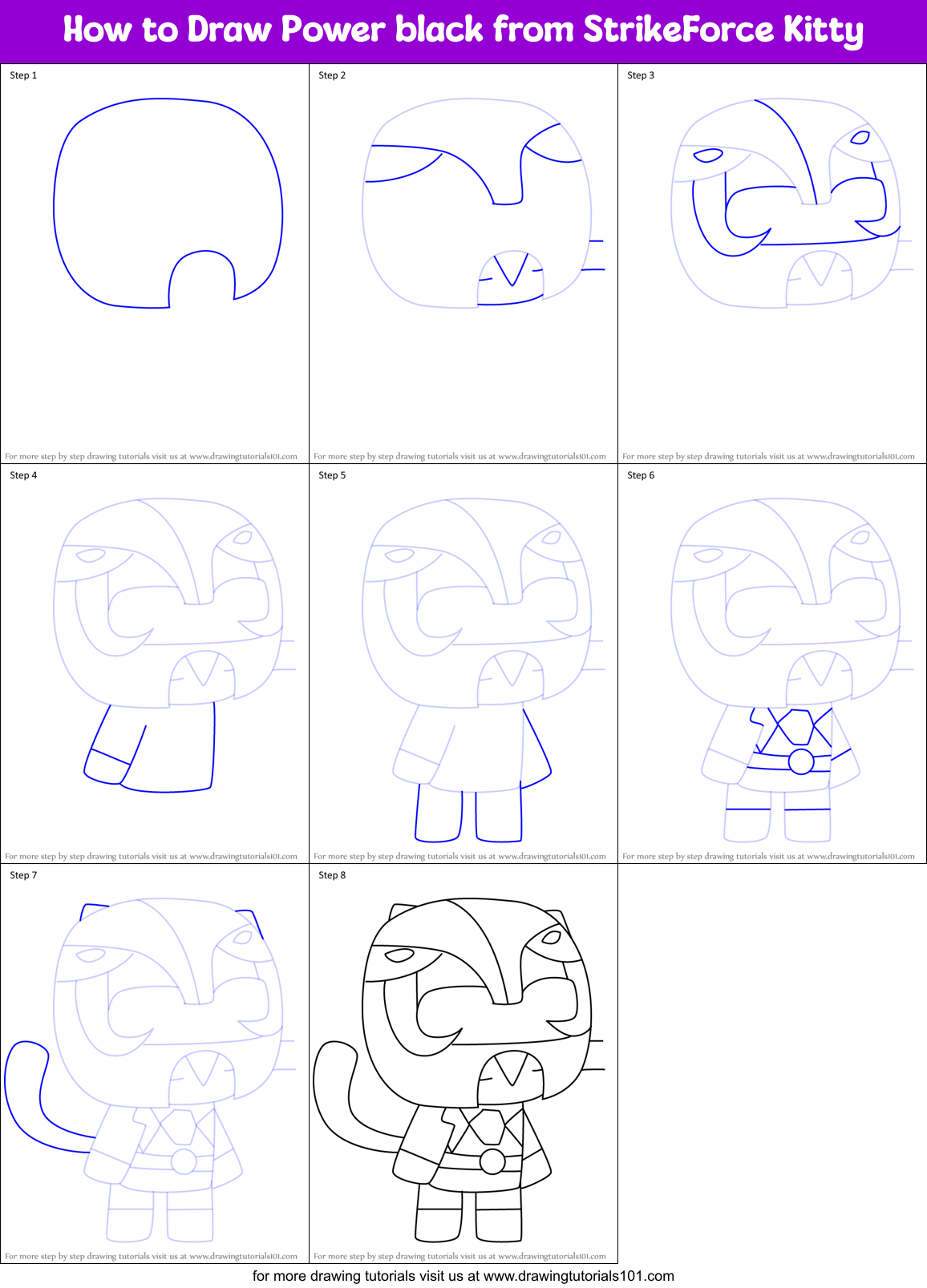 How to Draw Power black from StrikeForce Kitty Printable Step by Step