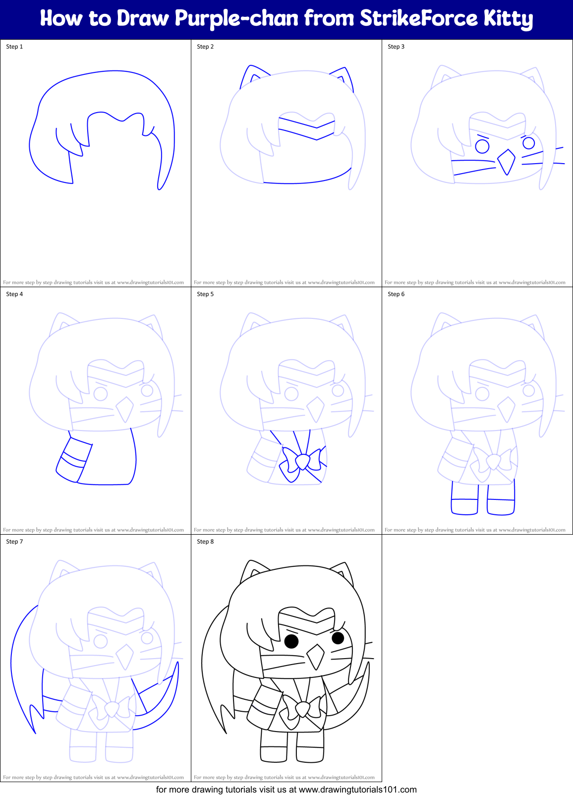 How to Draw Purple-chan from StrikeForce Kitty Printable Step by Step