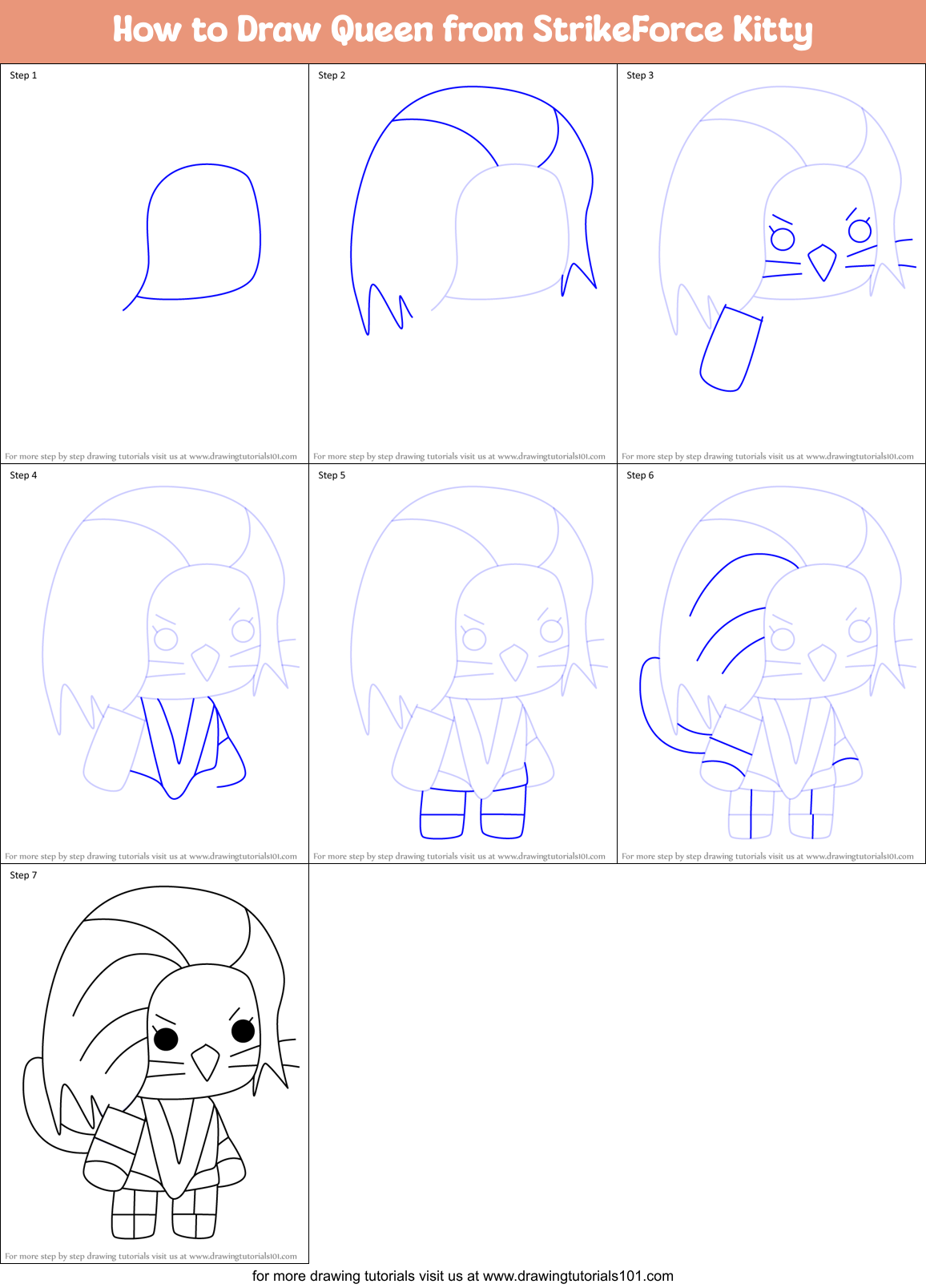 How to Draw Queen from StrikeForce Kitty Printable Step by Step