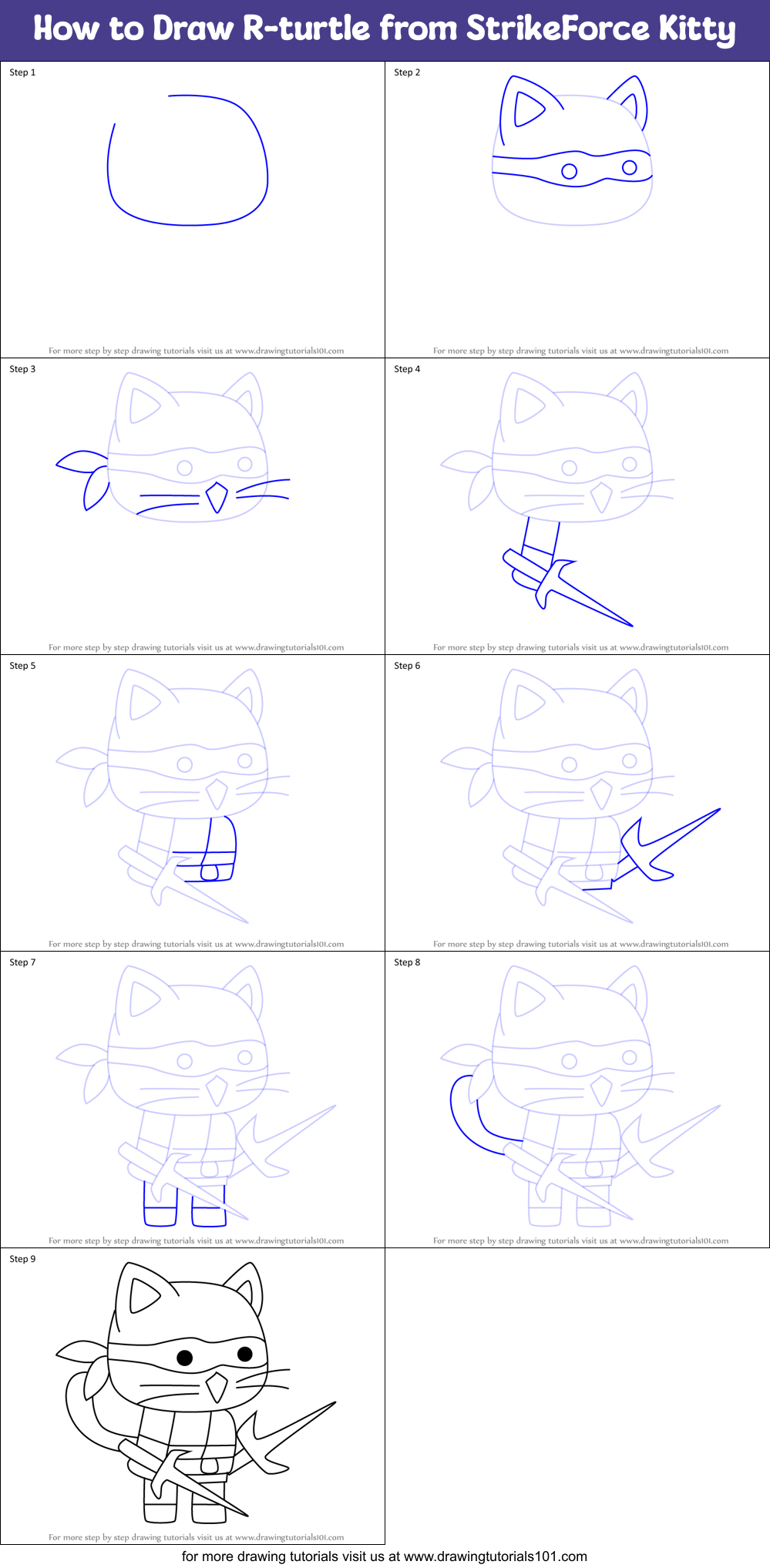 How to Draw R-turtle from StrikeForce Kitty Printable Step by Step