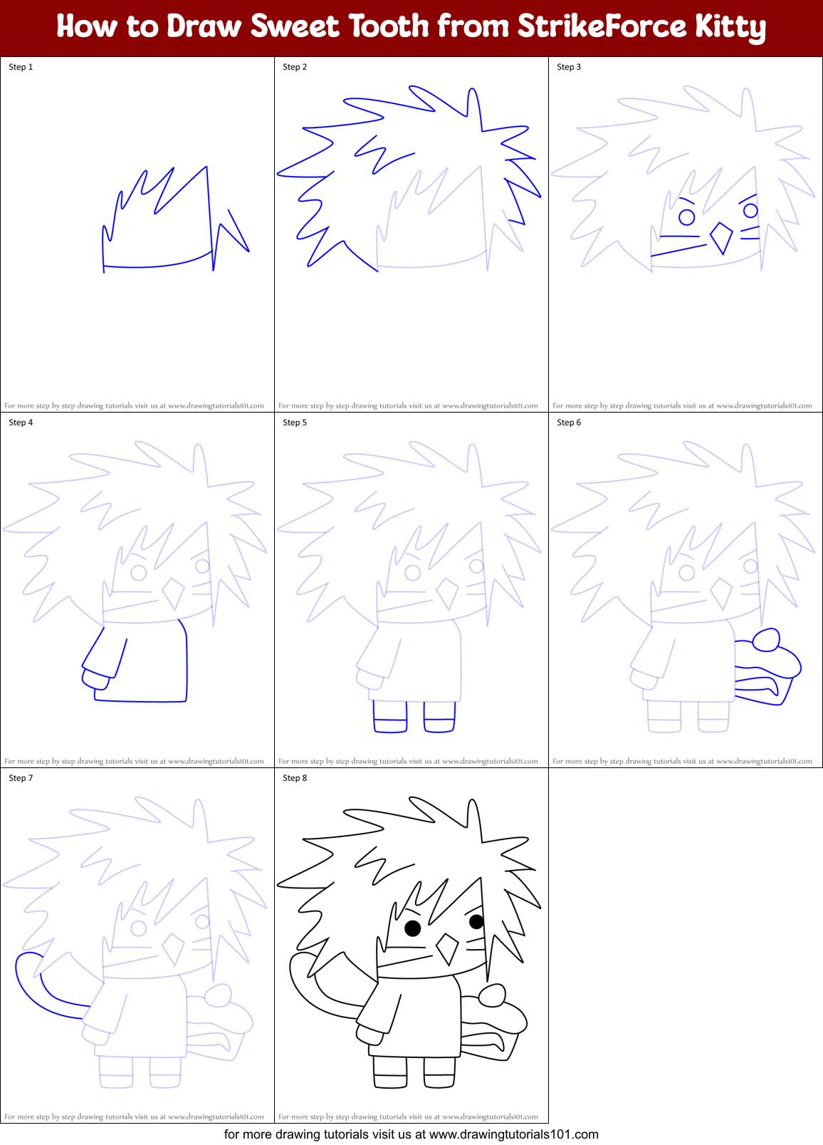 How to Draw Sweet Tooth from StrikeForce Kitty Printable Step by Step