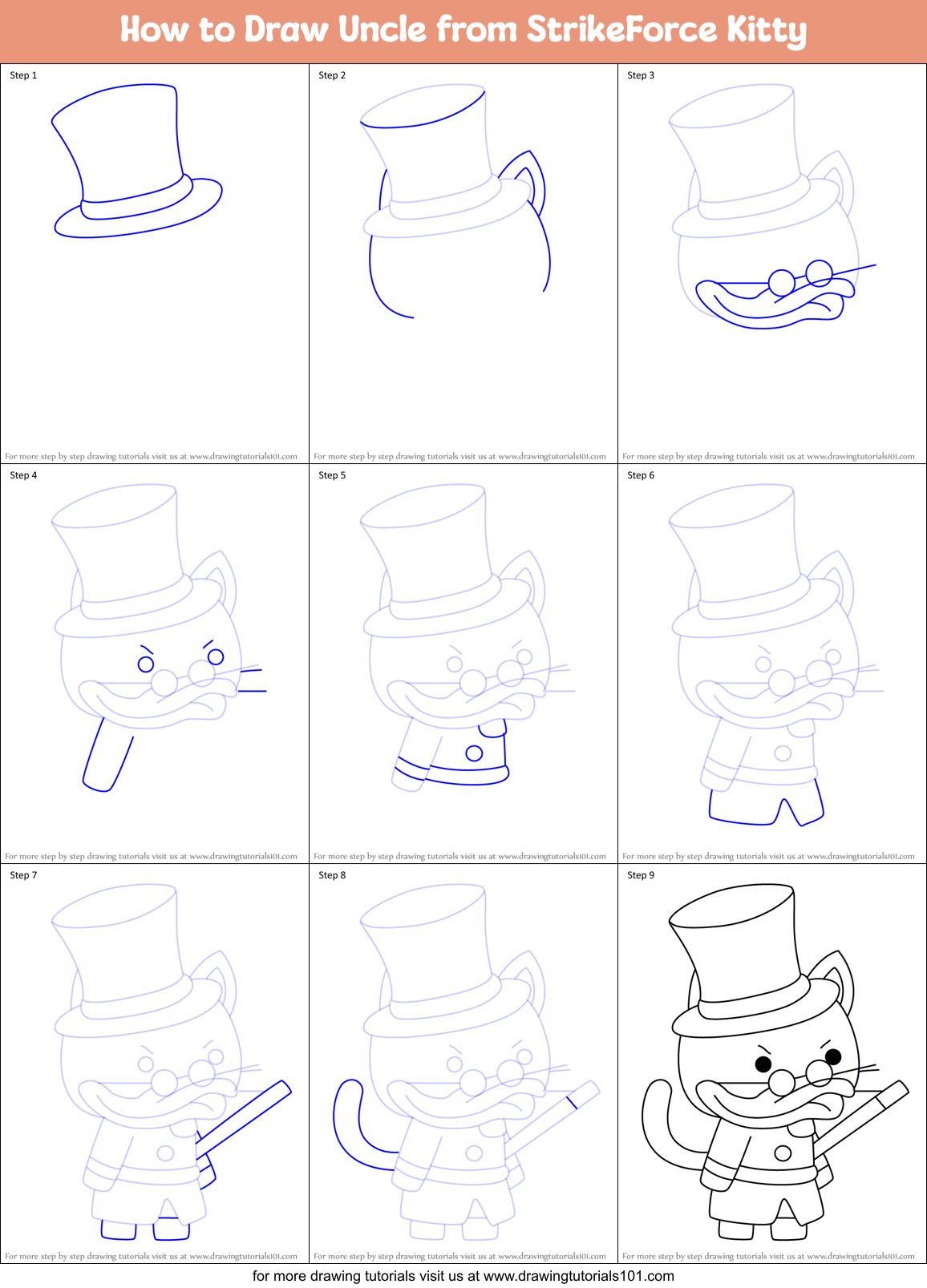 How to Draw Uncle from StrikeForce Kitty Printable Step by Step