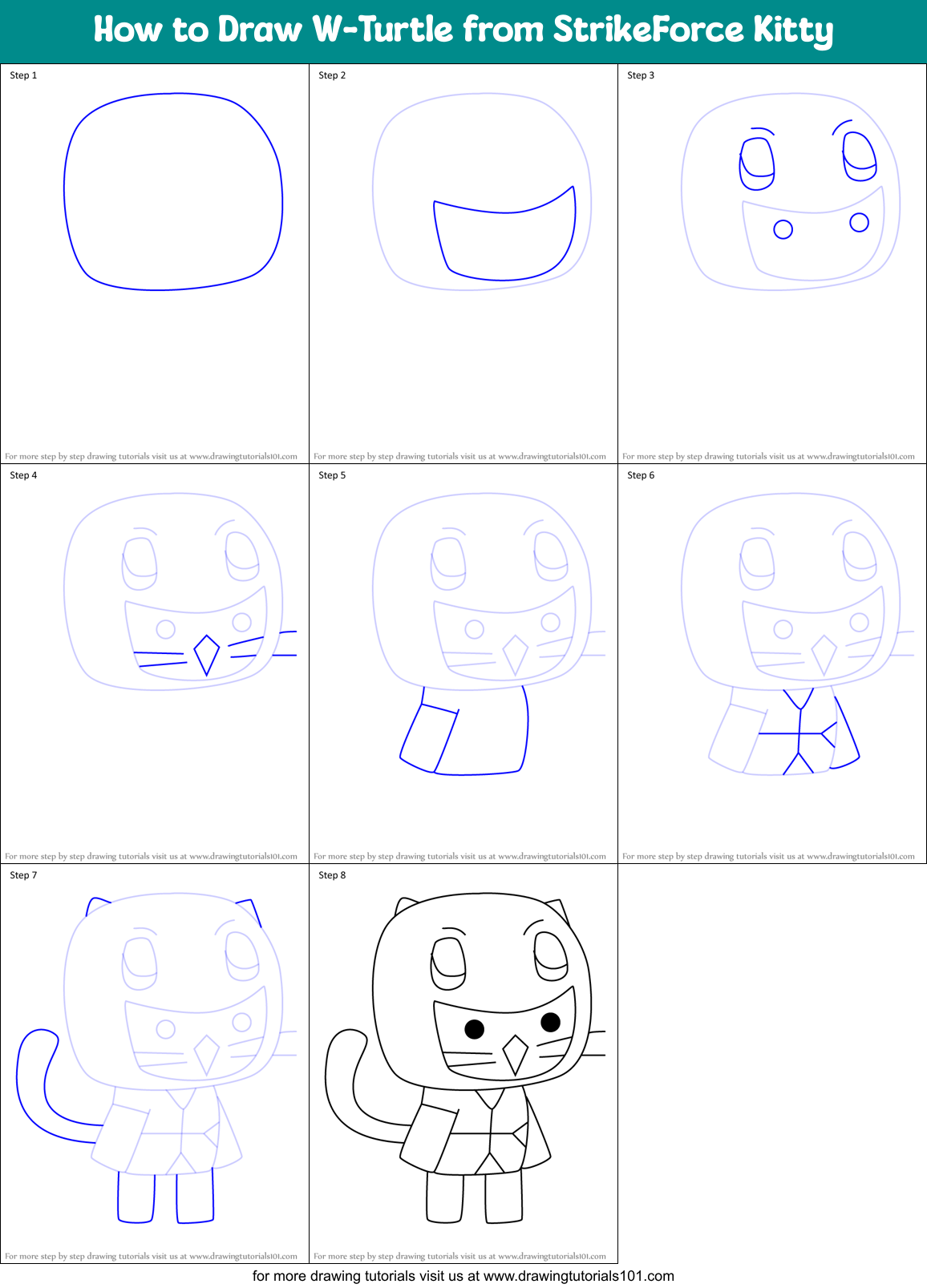 How to Draw W-Turtle from StrikeForce Kitty Printable Step by Step