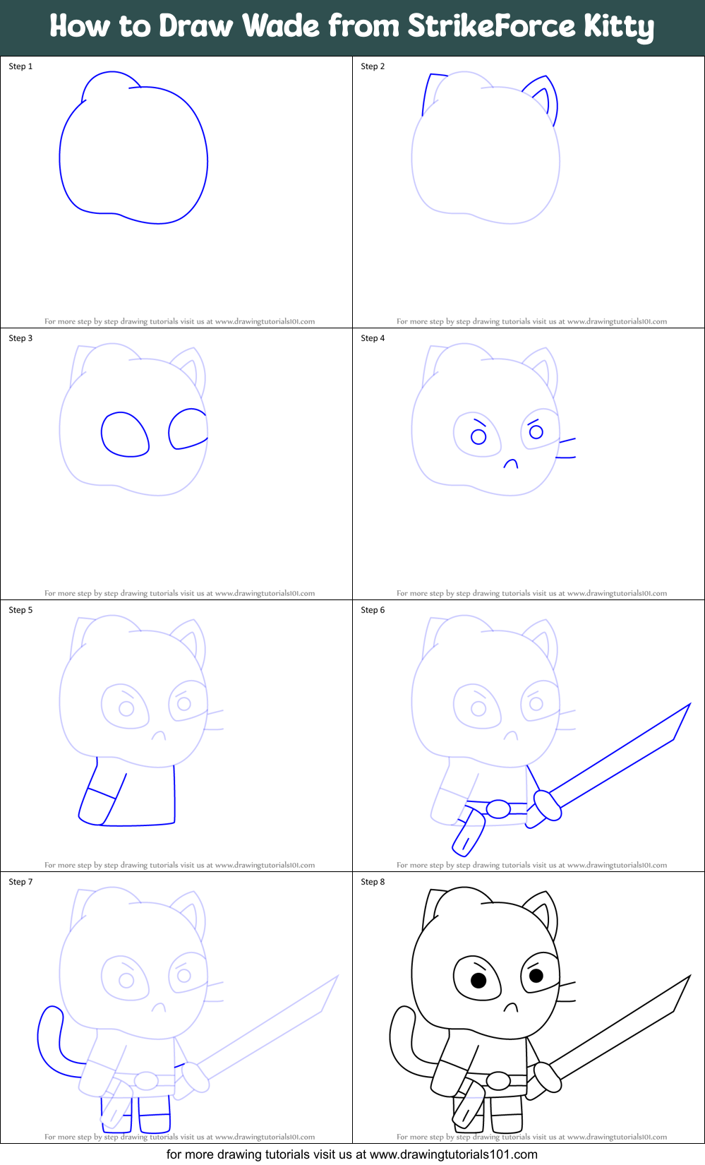 How to Draw Wade from StrikeForce Kitty Printable Step by Step