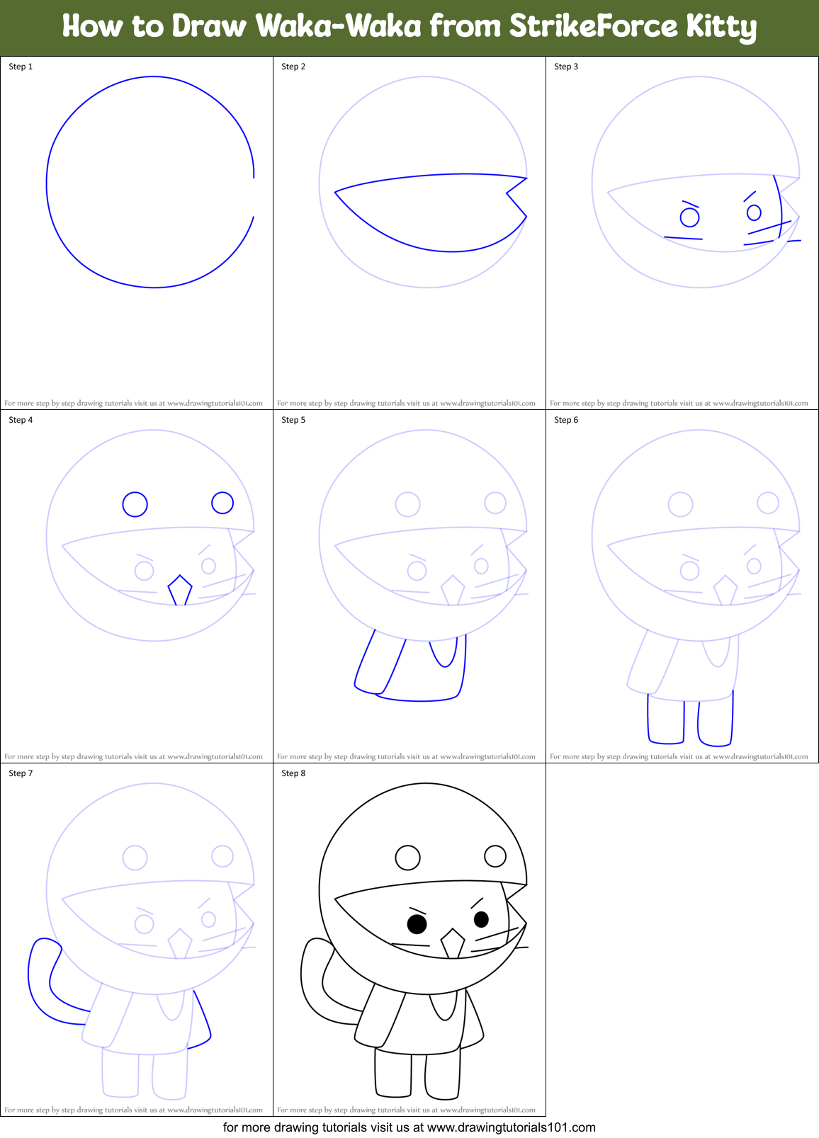 How to Draw Waka-Waka from StrikeForce Kitty Printable Step by Step