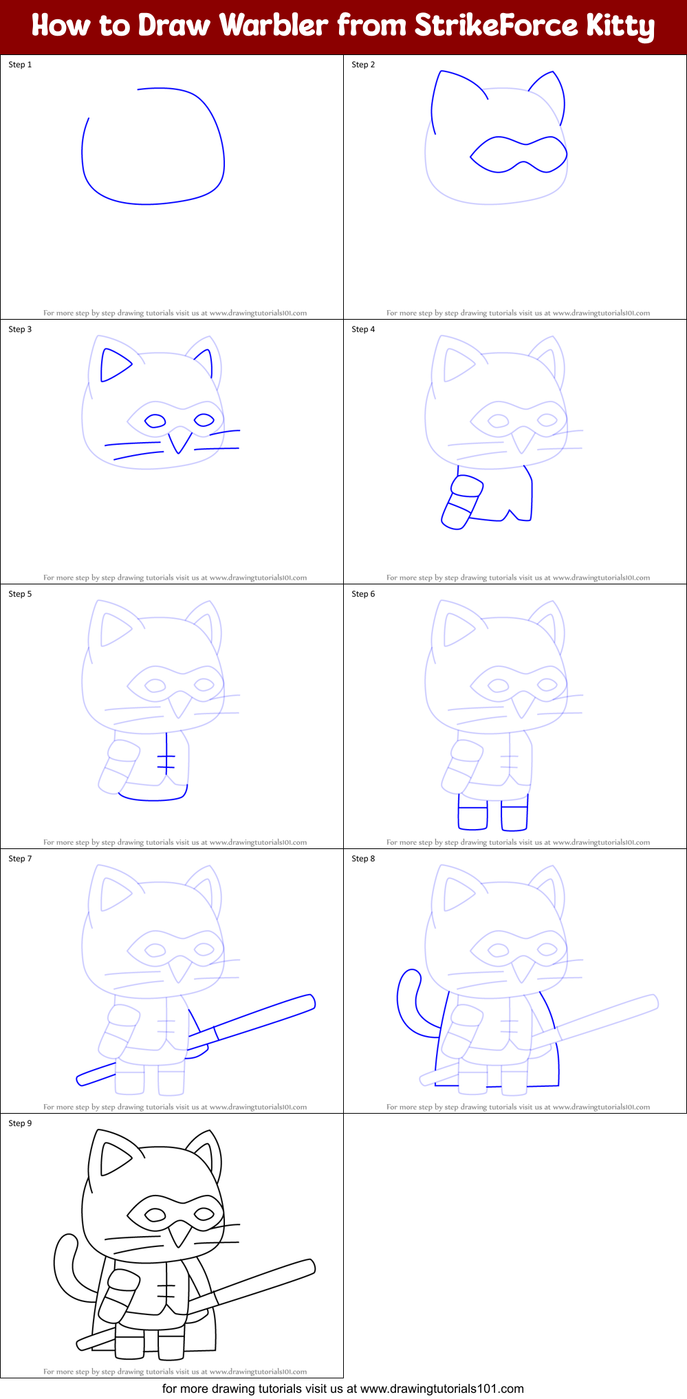 How to Draw Warbler from StrikeForce Kitty Printable Step by Step