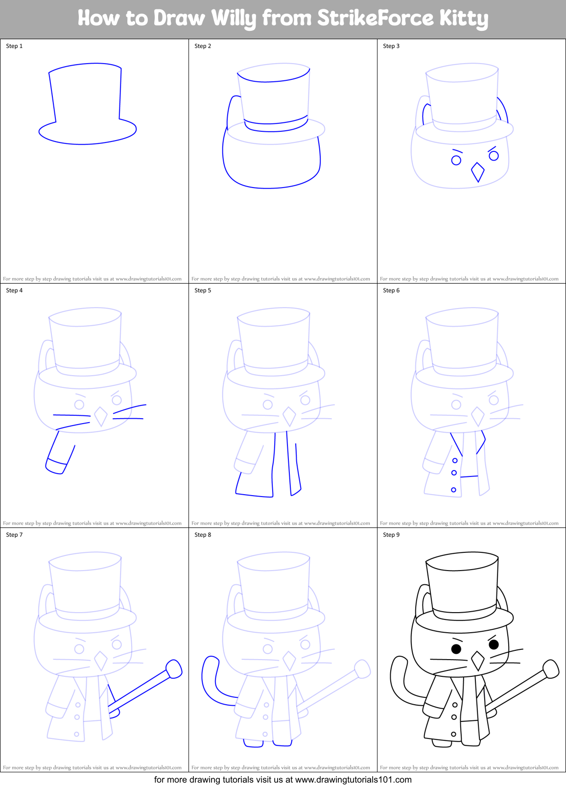 How to Draw Willy from StrikeForce Kitty Printable Step by Step