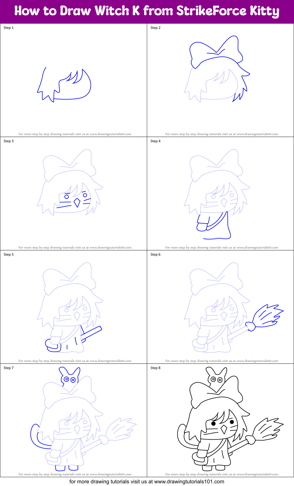 How to Draw Witch K from StrikeForce Kitty Printable Step by Step