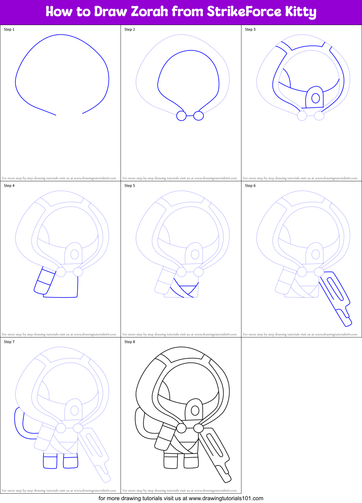 How to Draw Zorah from StrikeForce Kitty Printable Step by Step