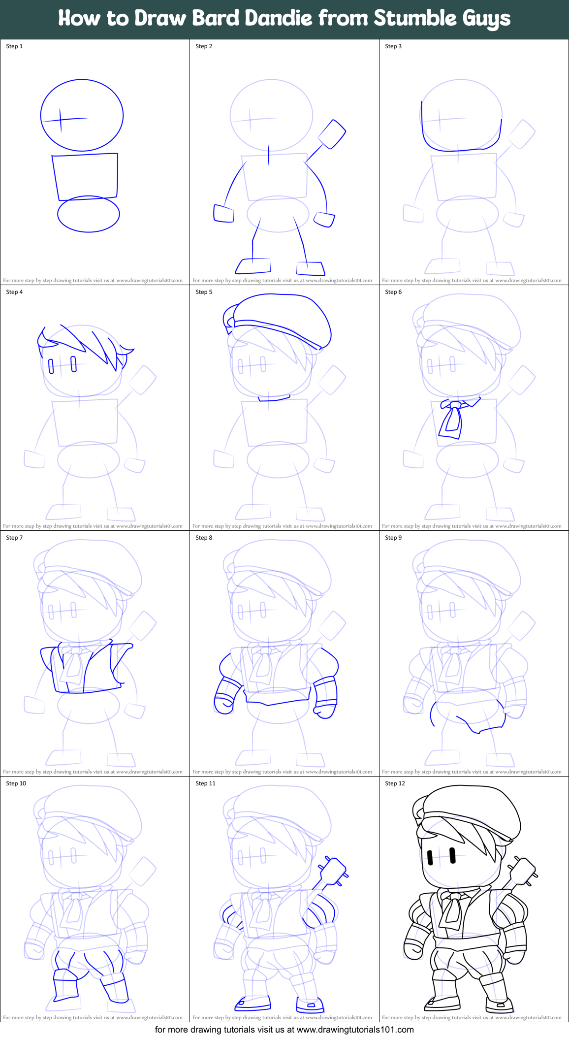 How to Draw Bard Dandie from Stumble Guys Printable Step by Step