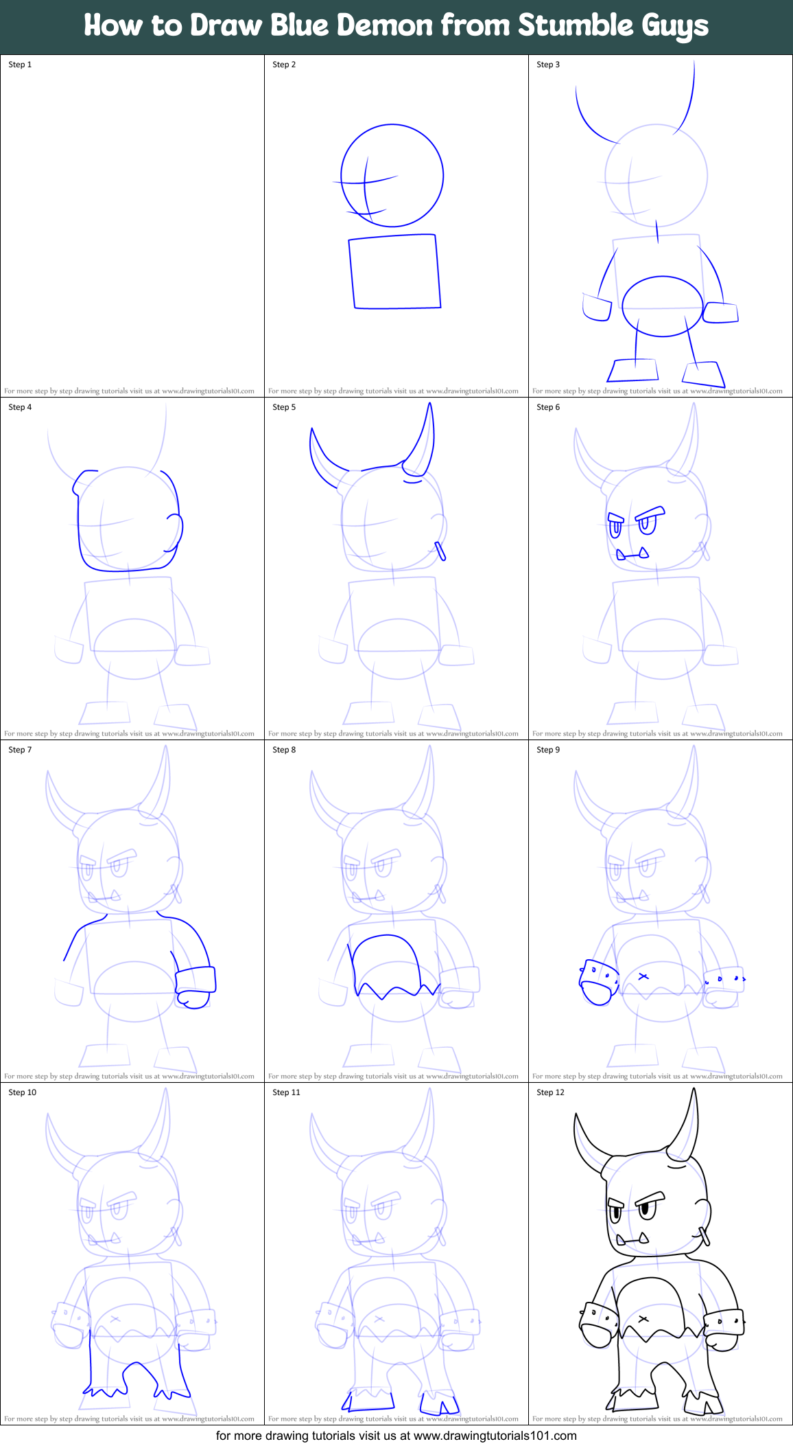 How to Draw Blue Demon from Stumble Guys Printable Step by Step