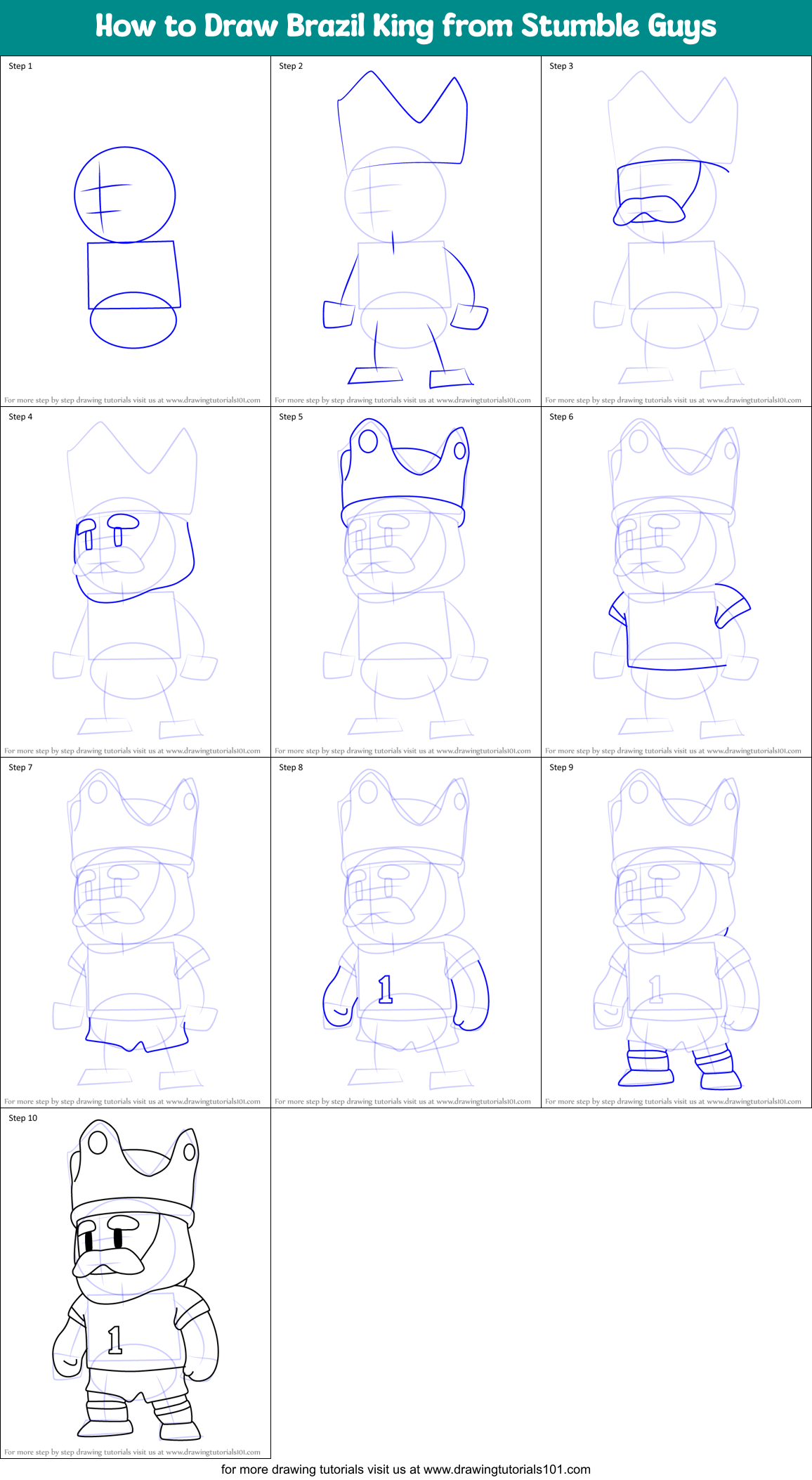 How to Draw Brazil King from Stumble Guys Printable Step by Step