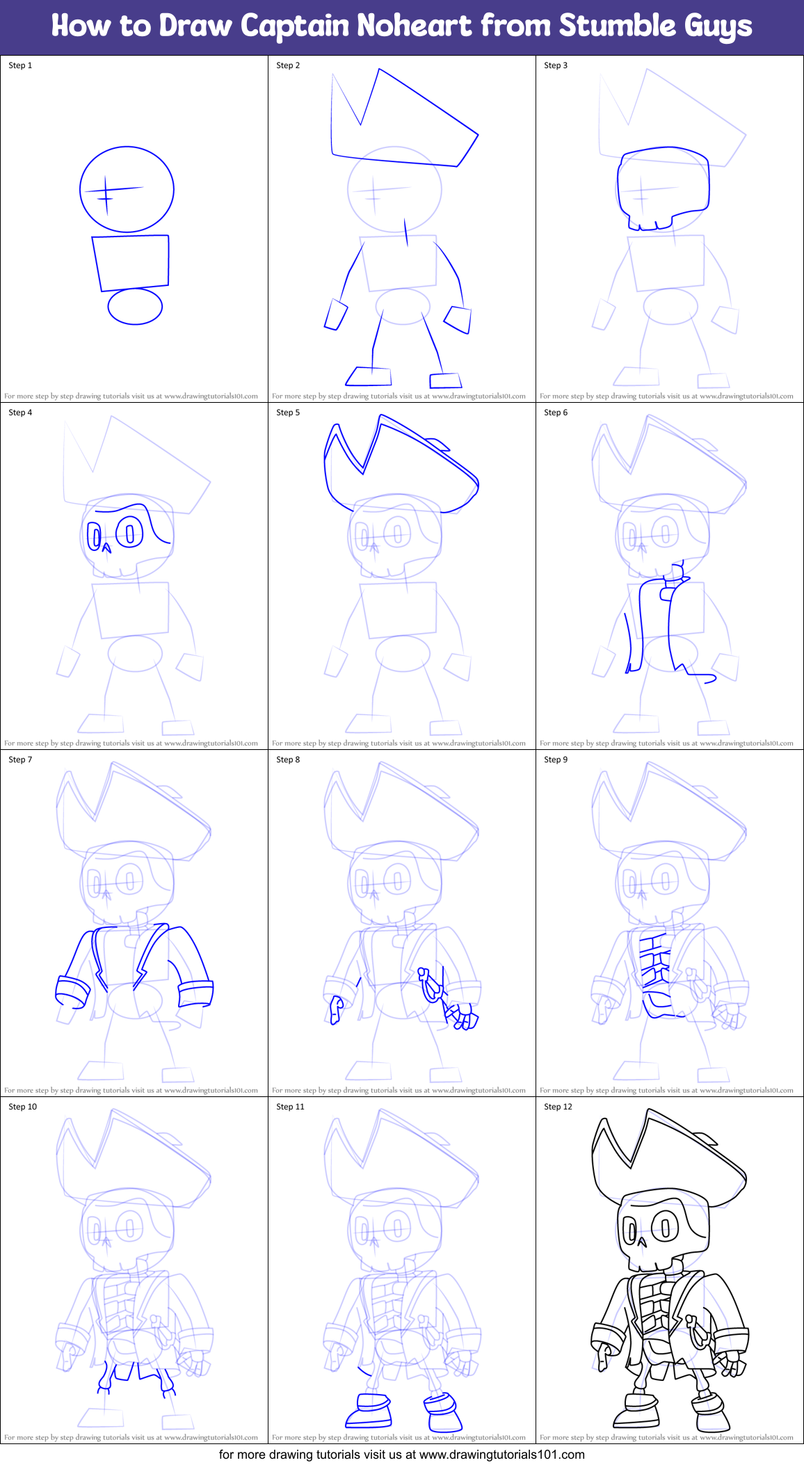 How to Draw Captain Noheart from Stumble Guys Printable Step by Step