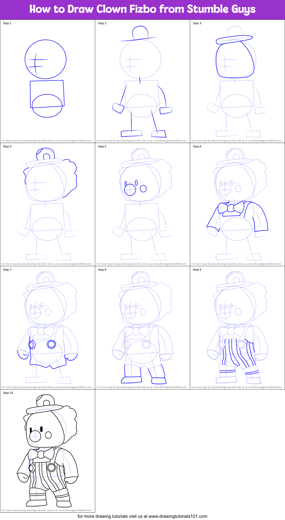 How to Draw Clown Fizbo from Stumble Guys Printable Step by Step