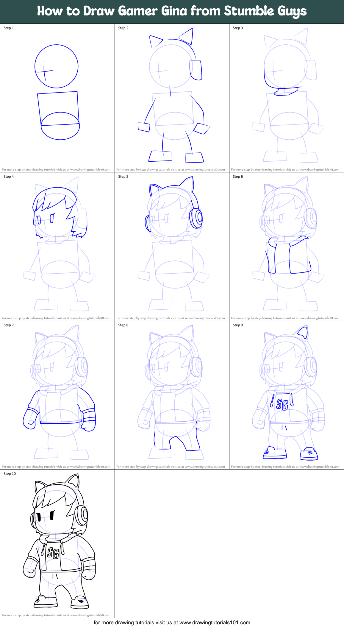 How to Draw Gamer Gina from Stumble Guys Printable Step by Step