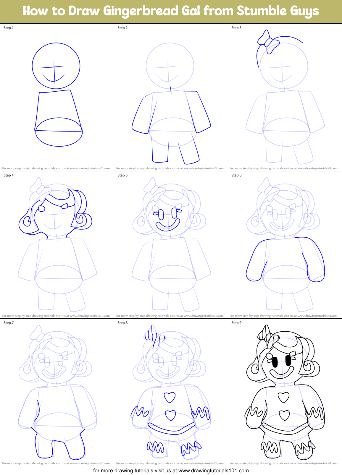 How to Draw Gingerbread Gal from Stumble Guys Printable Step by Step