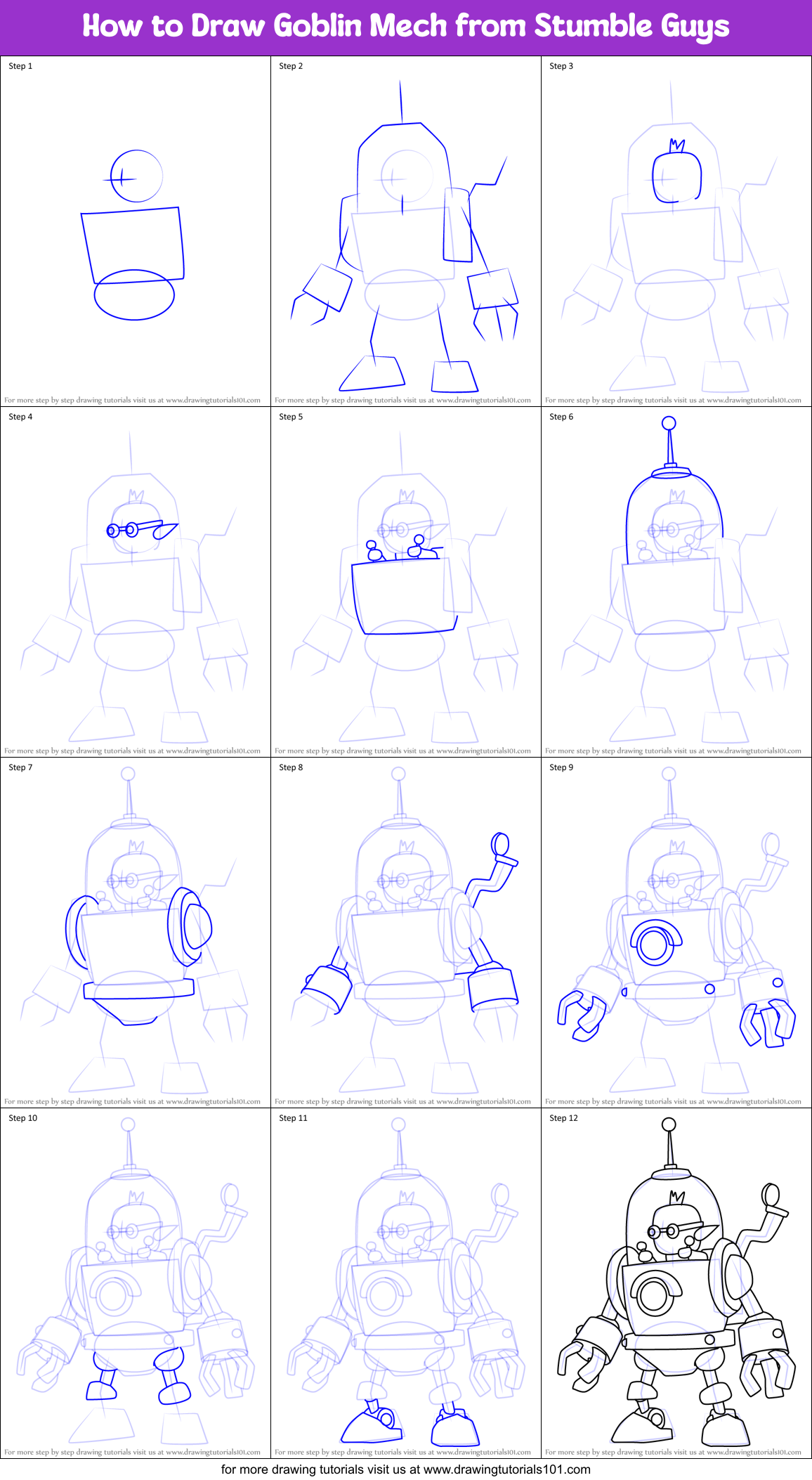 How to Draw Goblin Mech from Stumble Guys Printable Step by Step