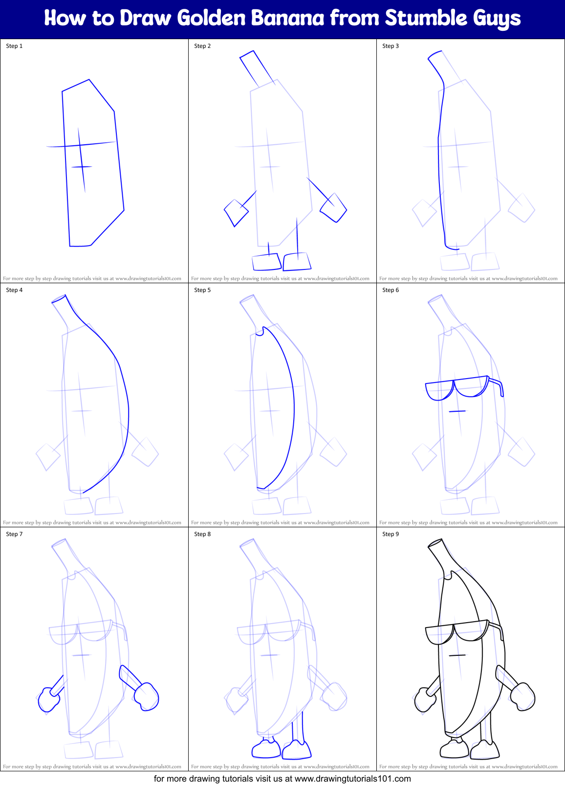 How to Draw Golden Banana from Stumble Guys Printable Step by Step