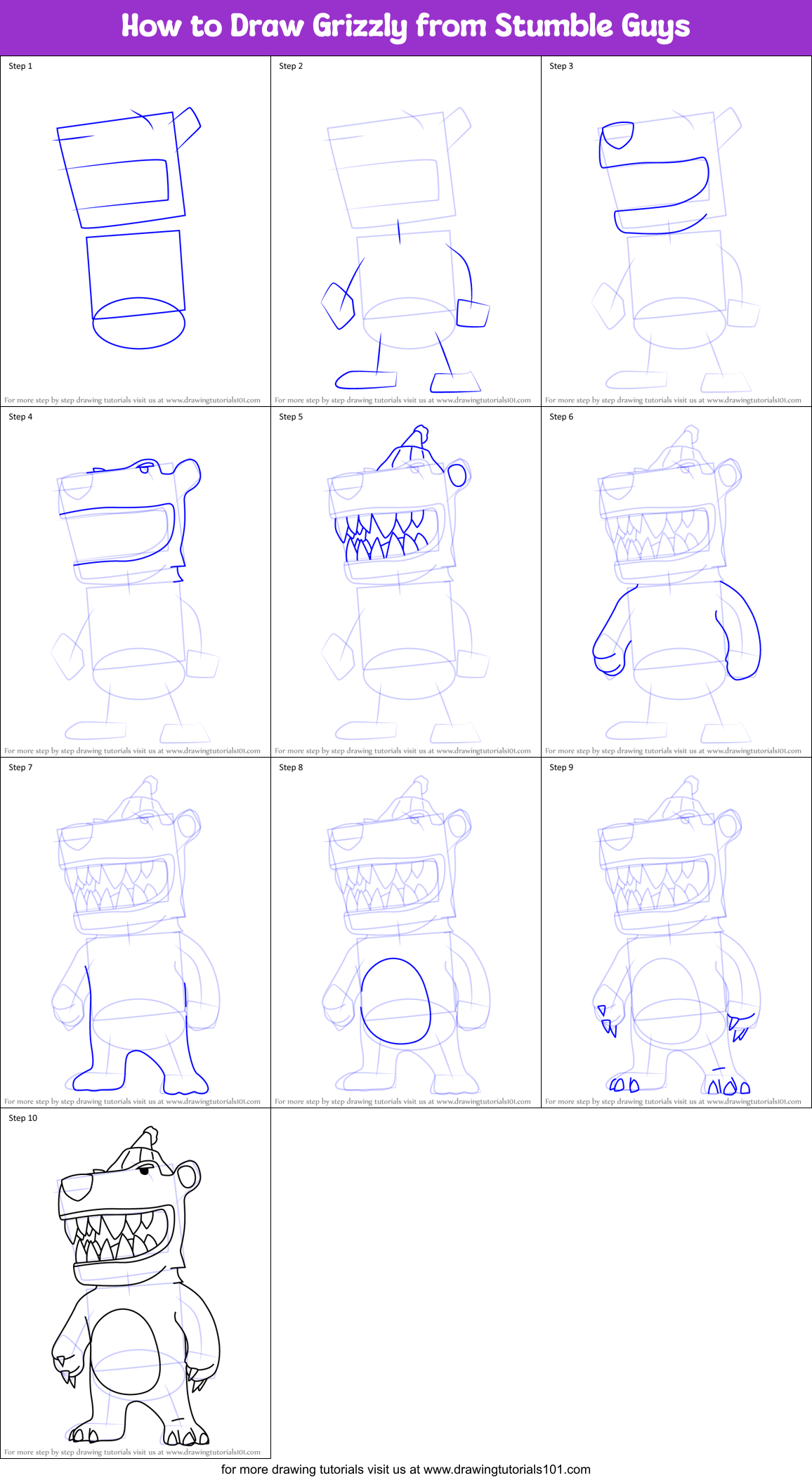 How to Draw Grizzly from Stumble Guys Printable Step by Step