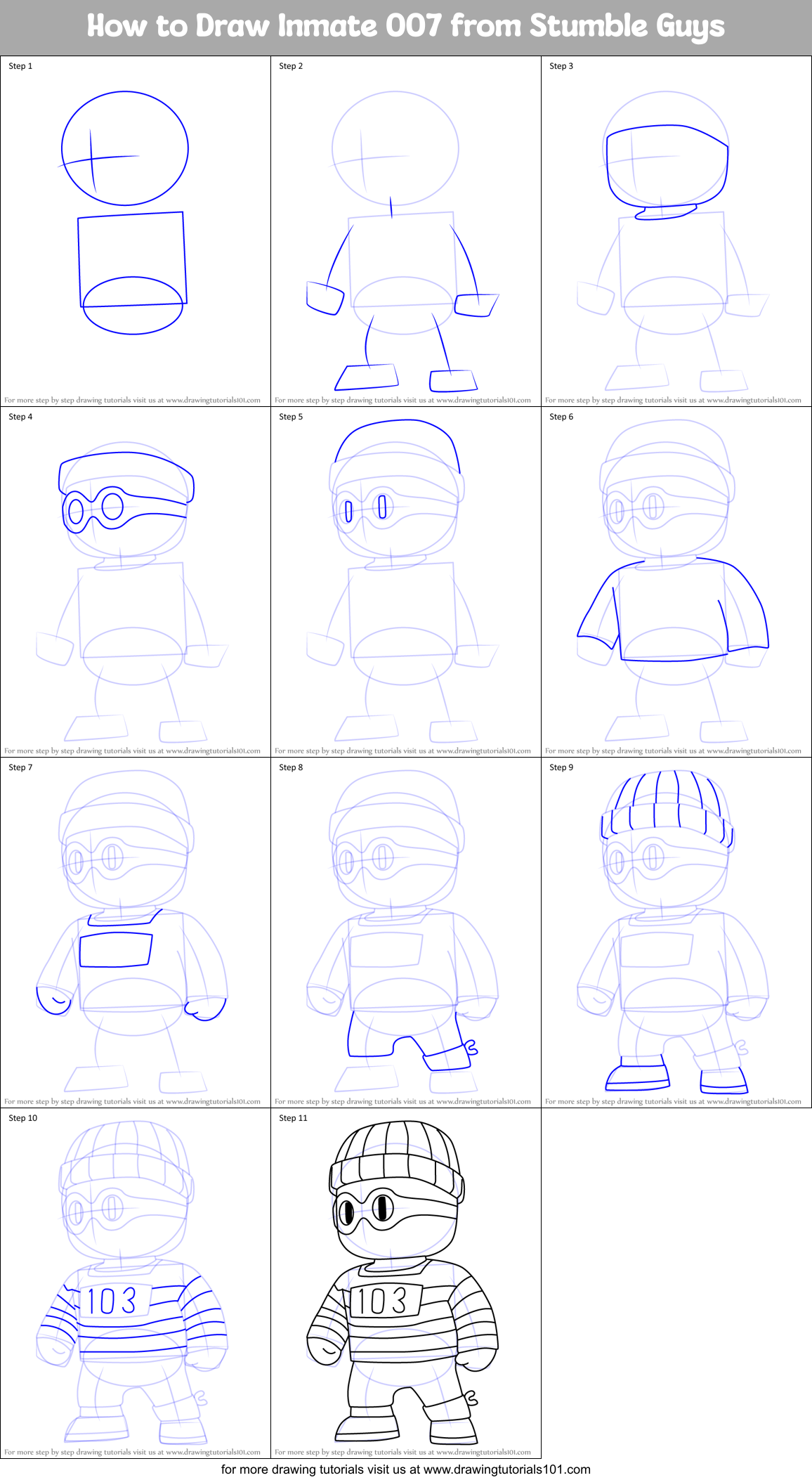 How to Draw Inmate 007 from Stumble Guys Printable Step by Step