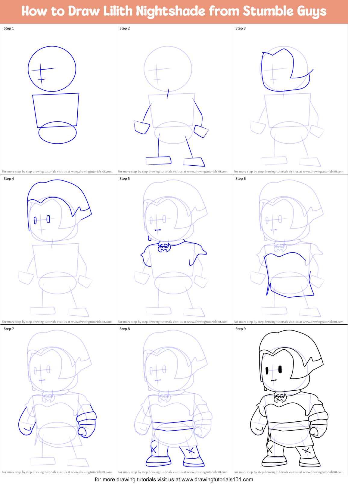How to Draw Lilith Nightshade from Stumble Guys Printable Step by Step