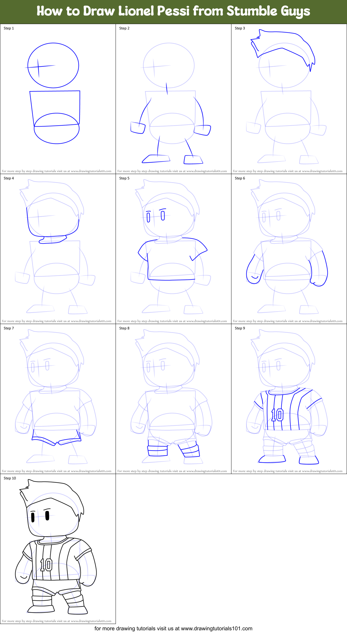 How to Draw Lionel Pessi from Stumble Guys Printable Step by Step