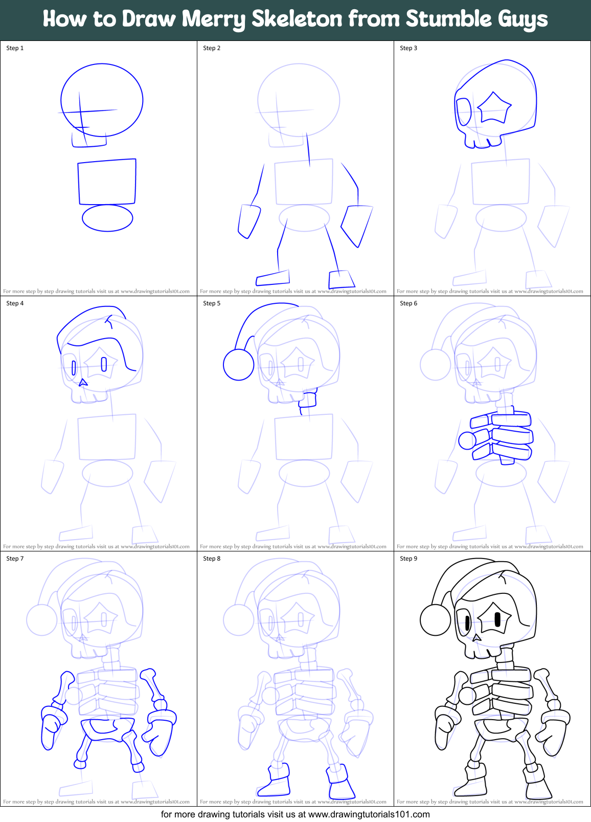 How to Draw Merry Skeleton from Stumble Guys Printable Step by Step