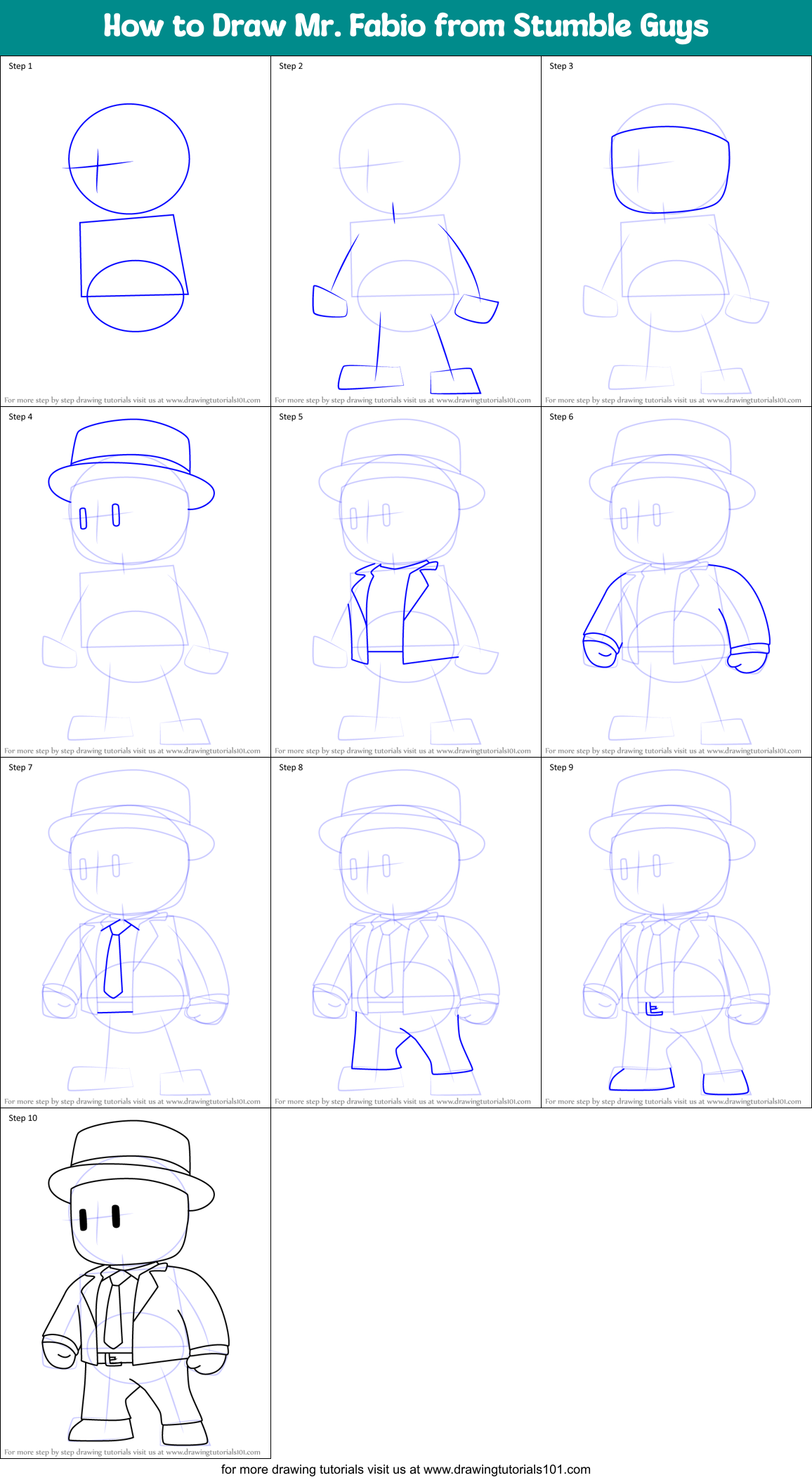 How to Draw Mr. Fabio from Stumble Guys Printable Step by Step