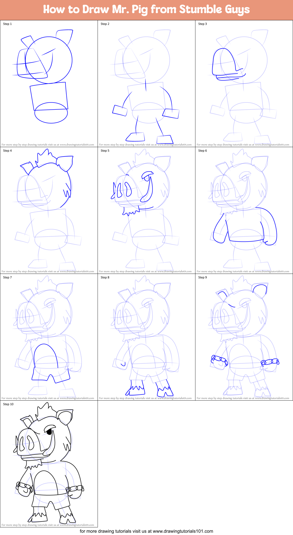 How to Draw Mr. Pig from Stumble Guys Printable Step by Step