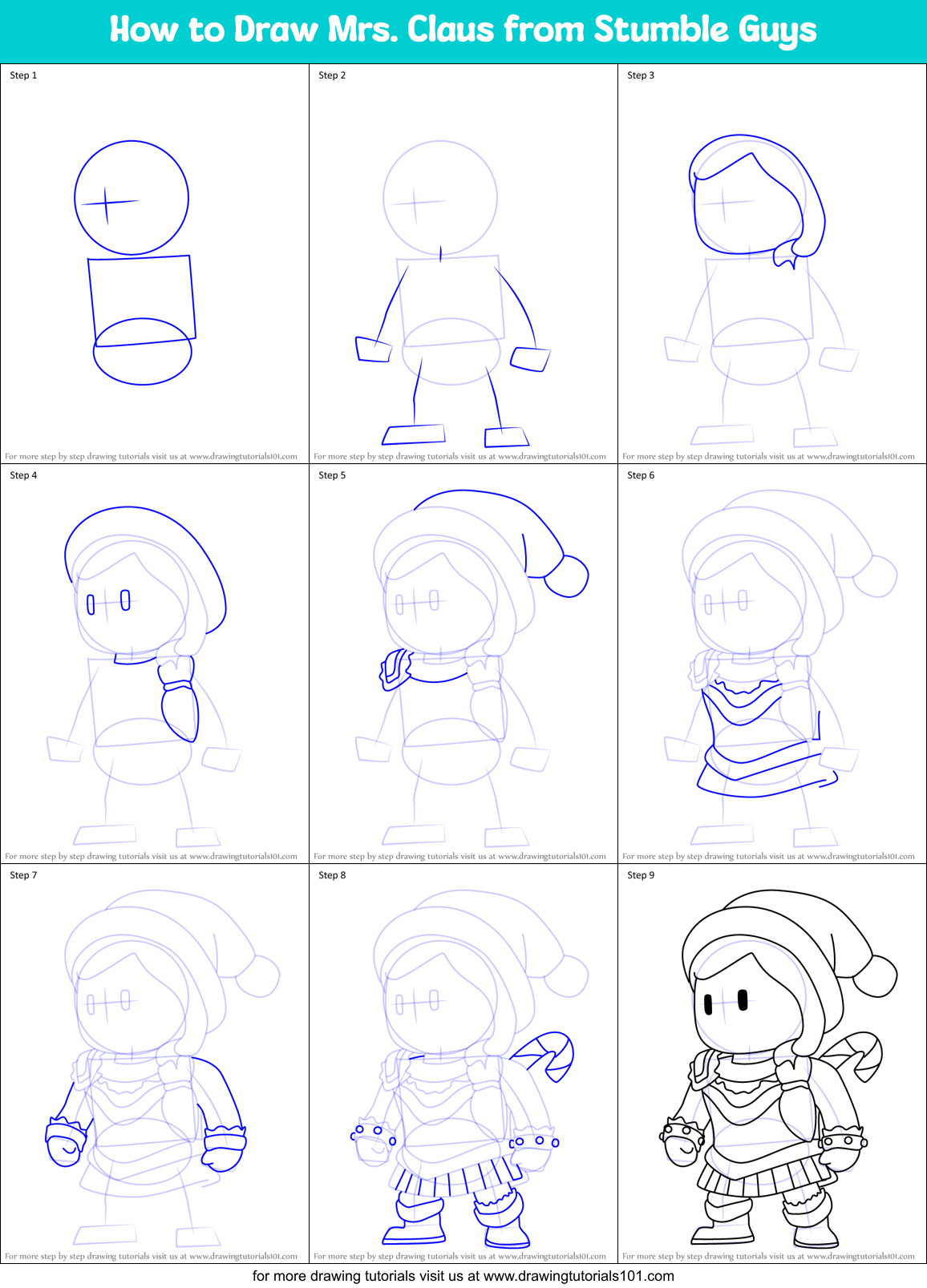 How to Draw Mrs. Claus from Stumble Guys Printable Step by Step