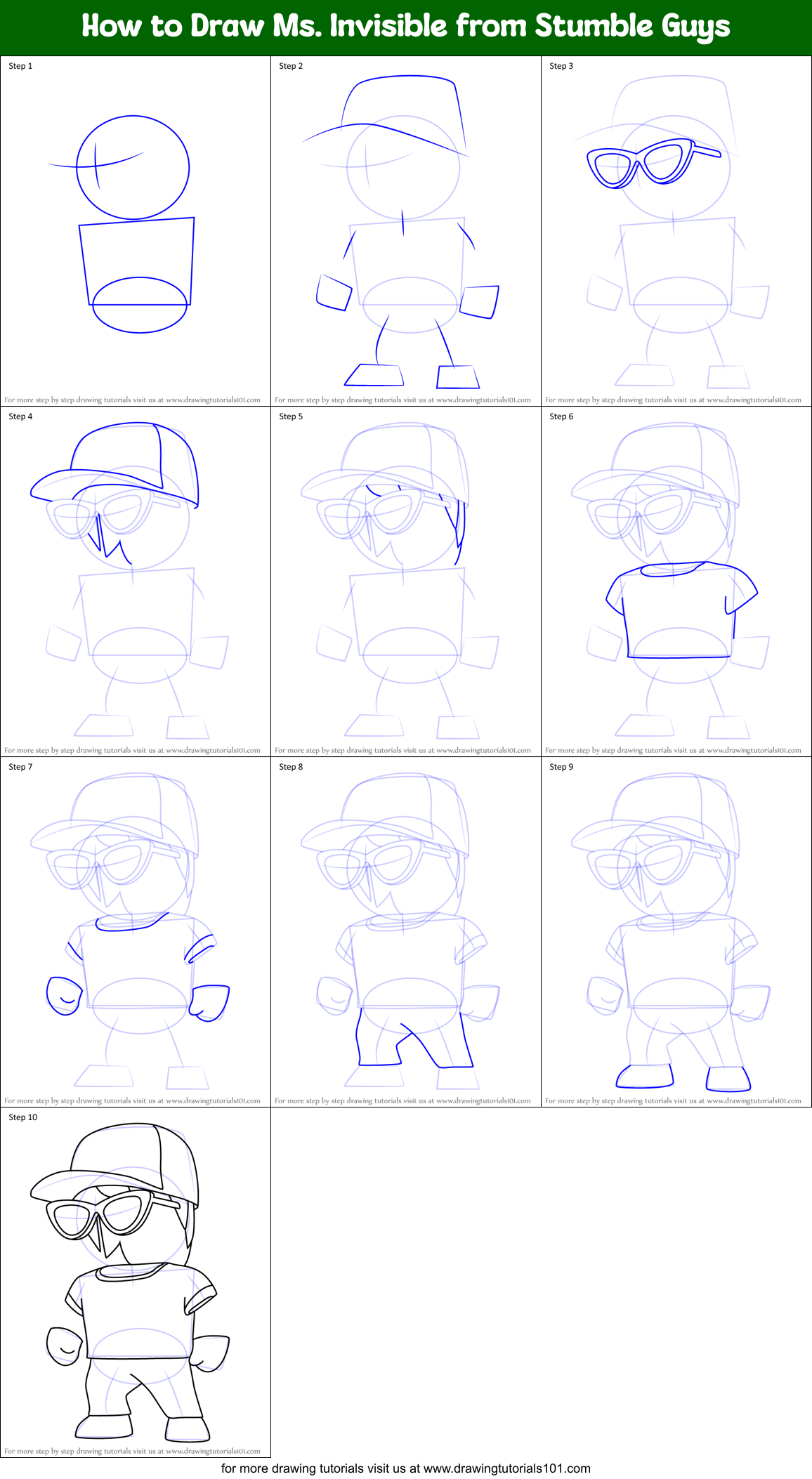 How to Draw Ms. Invisible from Stumble Guys Printable Step by Step