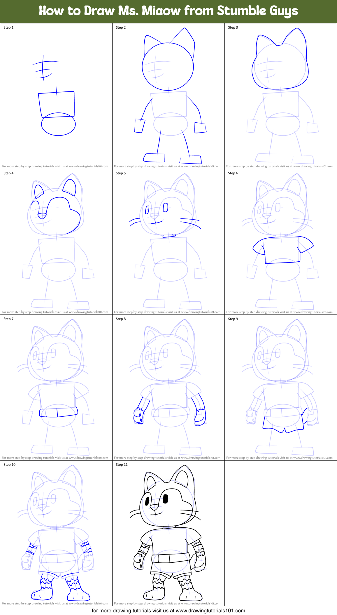 How to Draw Ms. Miaow from Stumble Guys Printable Step by Step