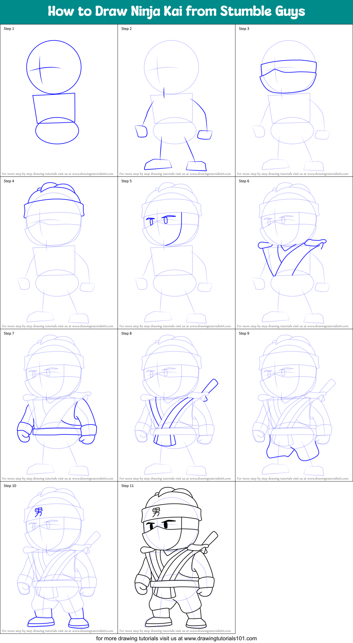 How to Draw Ninja Kai from Stumble Guys Printable Step by Step