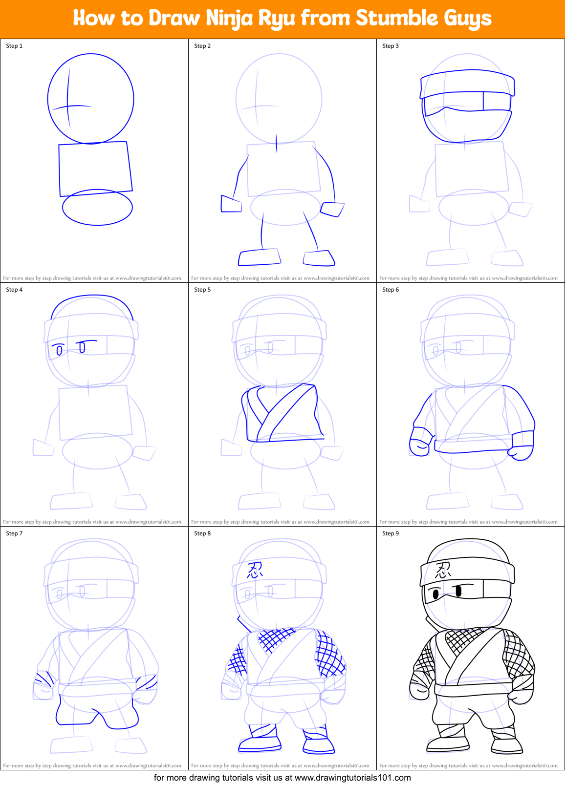 How to Draw Ninja Ryu from Stumble Guys Printable Step by Step