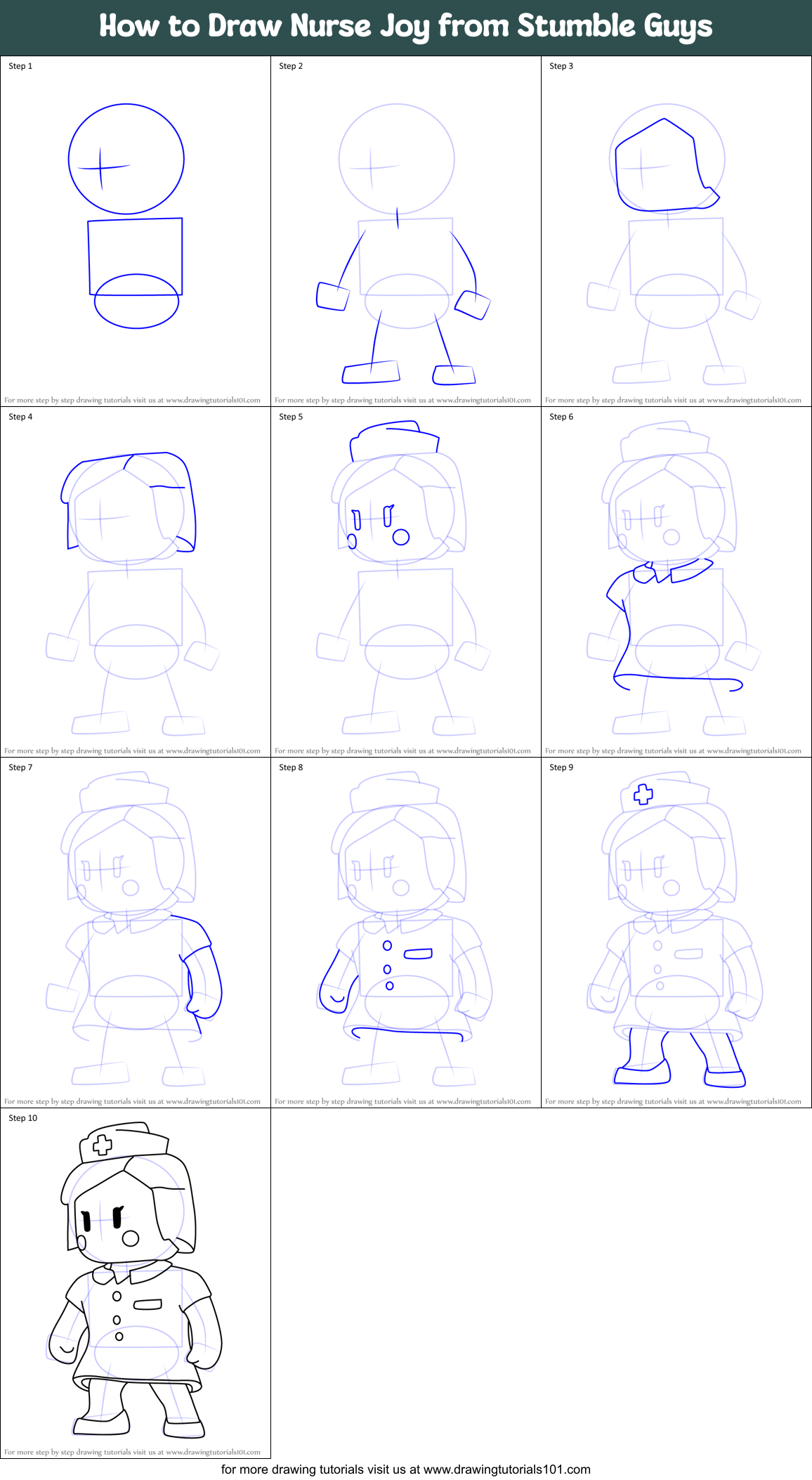 How to Draw Nurse Joy from Stumble Guys Printable Step by Step