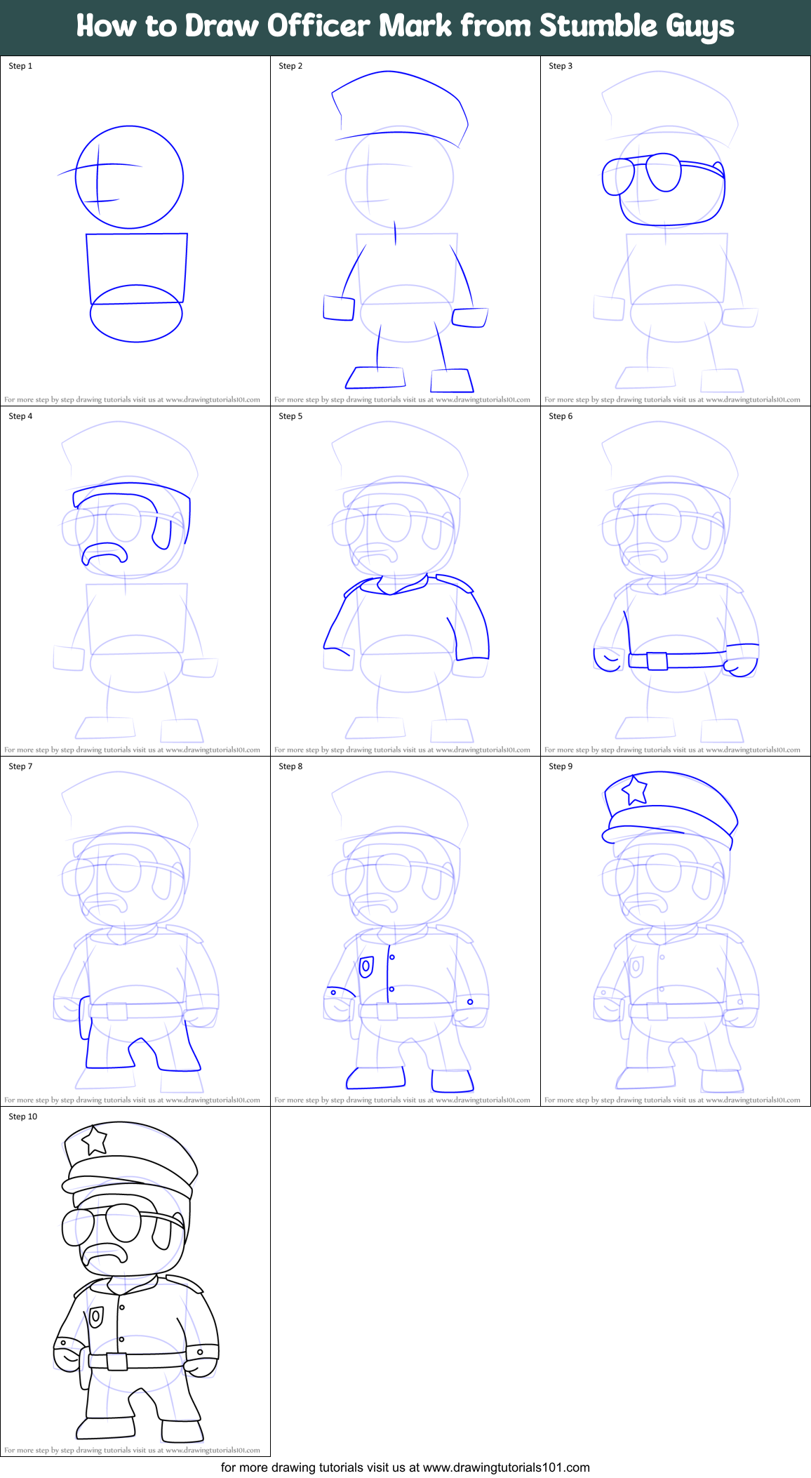 How to Draw Officer Mark from Stumble Guys Printable Step by Step