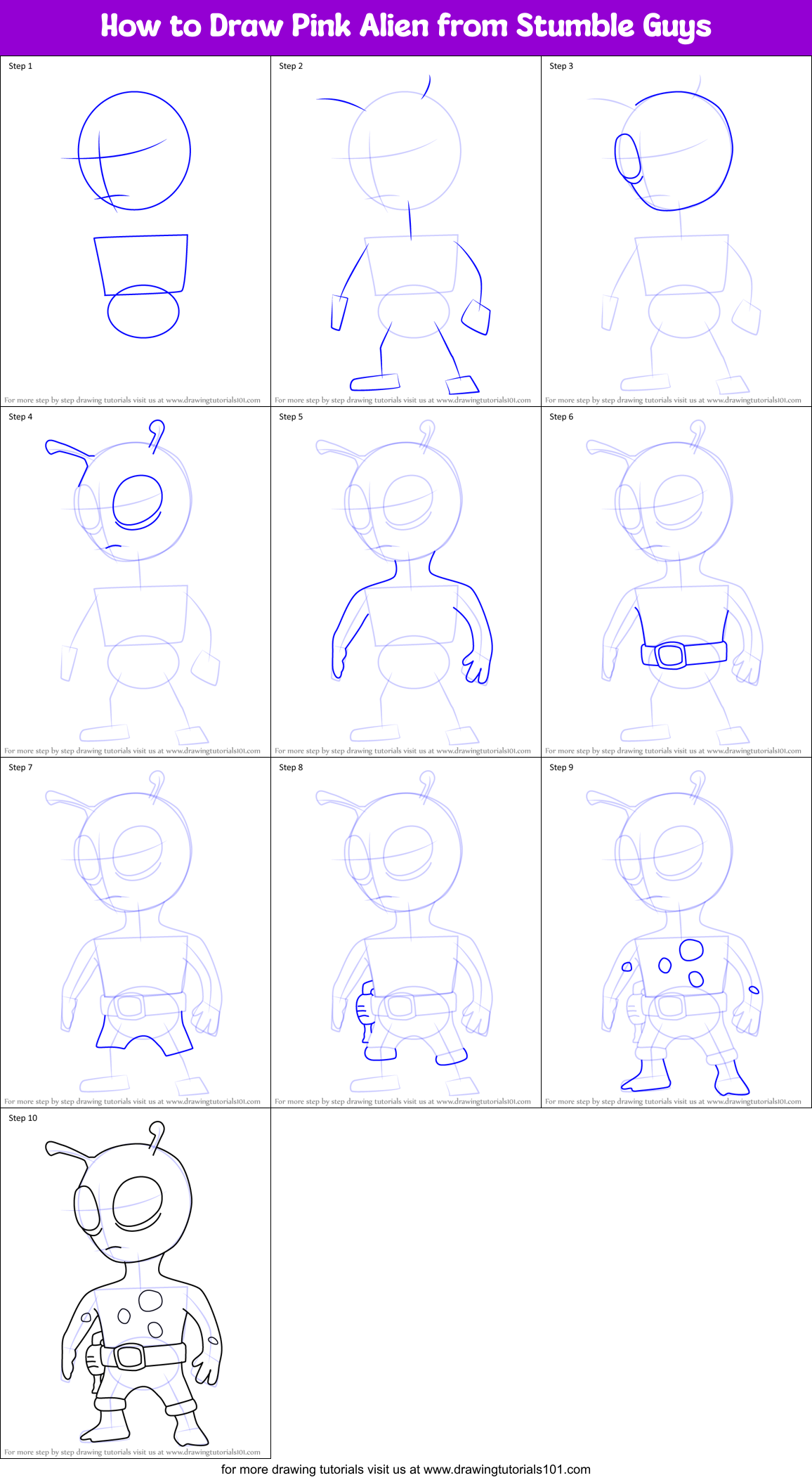 How to Draw Pink Alien from Stumble Guys Printable Step by Step
