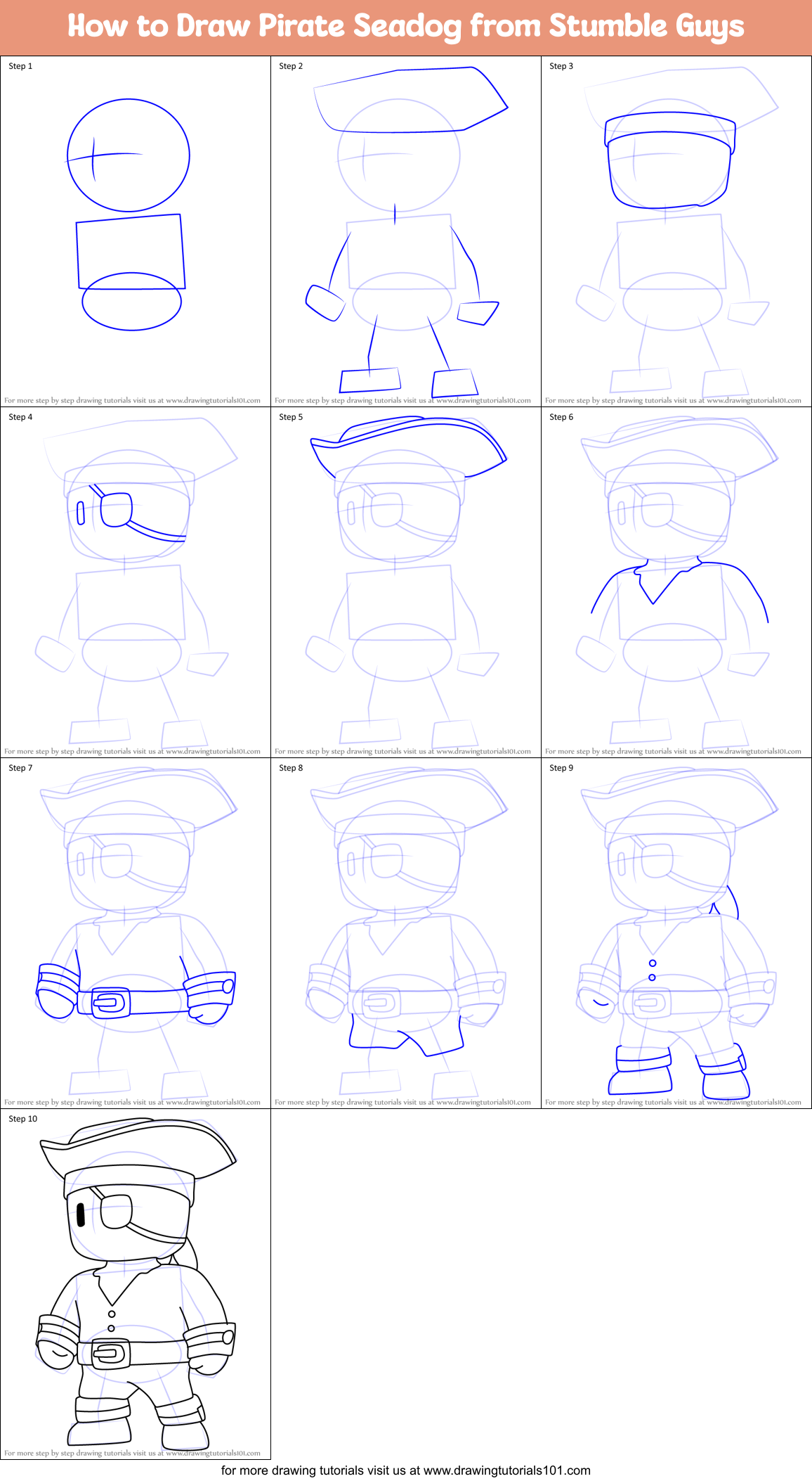 How to Draw Pirate Seadog from Stumble Guys Printable Step by Step