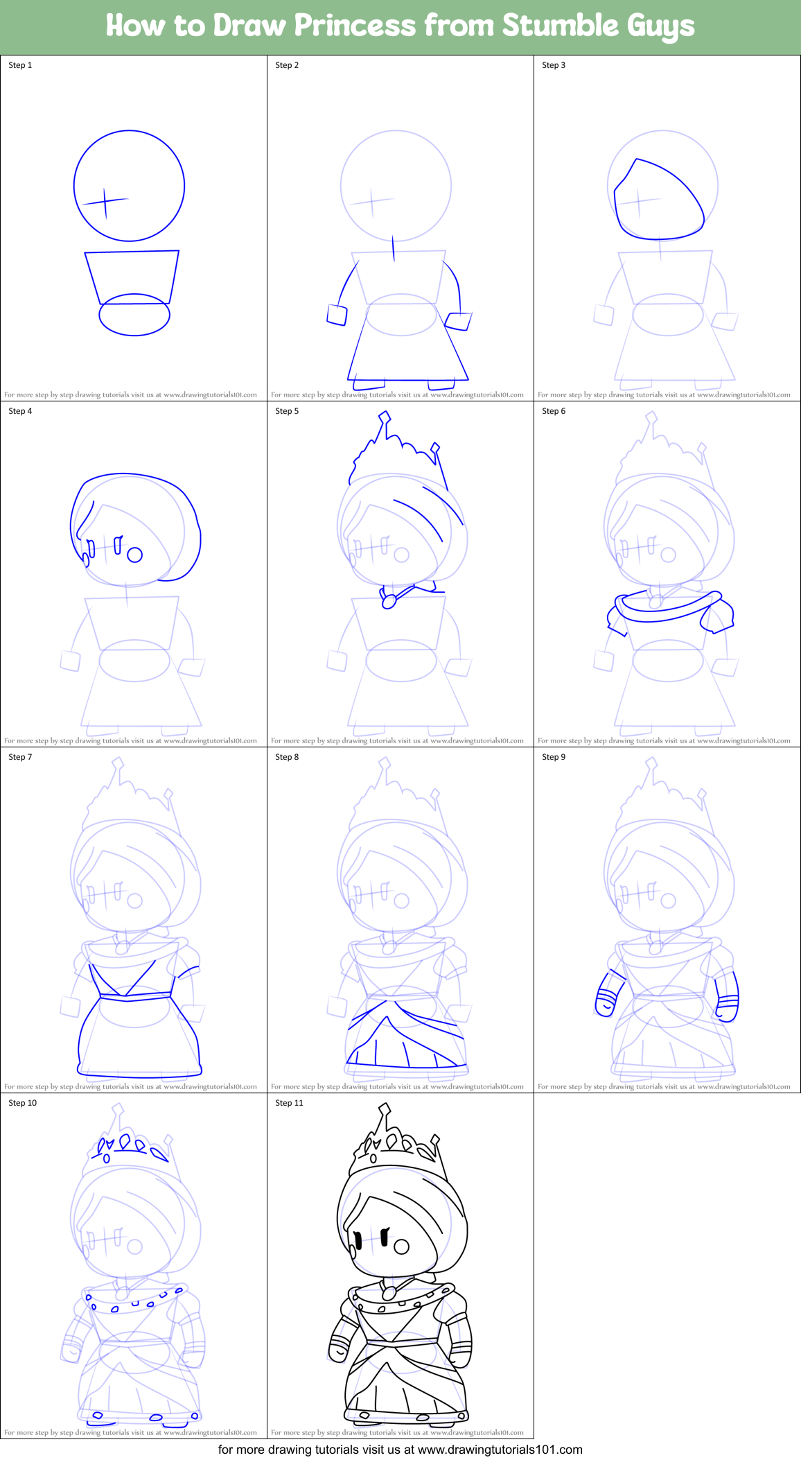 How to Draw Princess from Stumble Guys Printable Step by Step