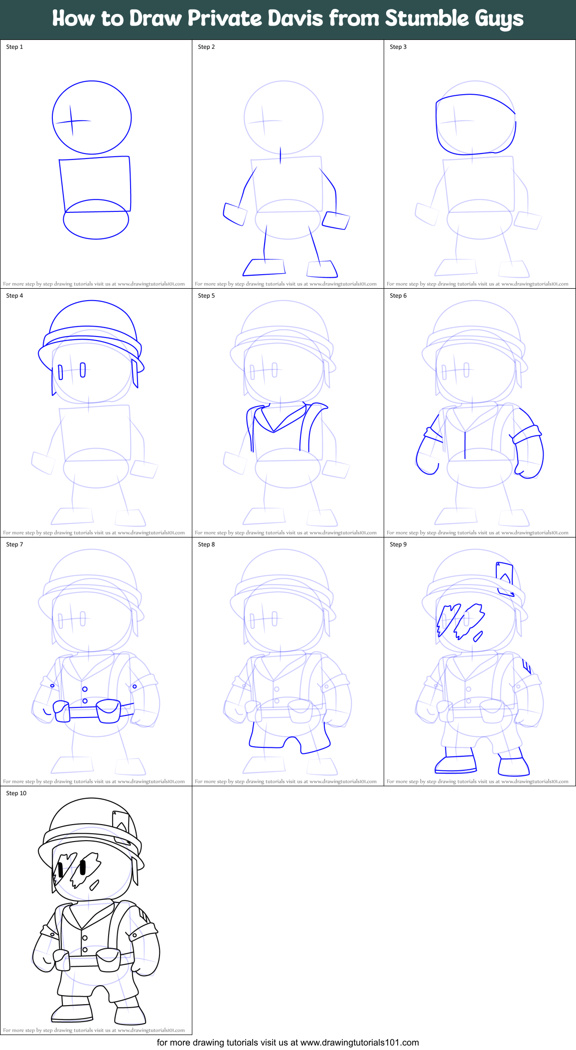 How to Draw Private Davis from Stumble Guys Printable Step by Step