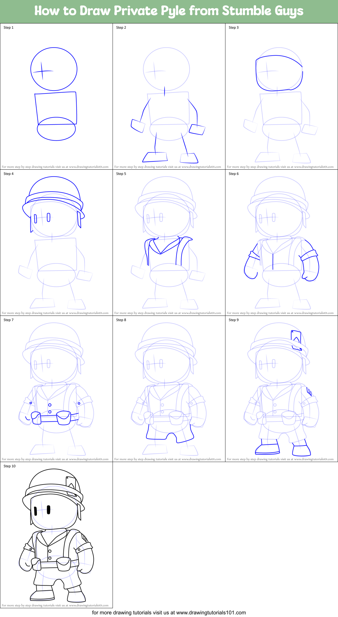 How to Draw Private Pyle from Stumble Guys Printable Step by Step