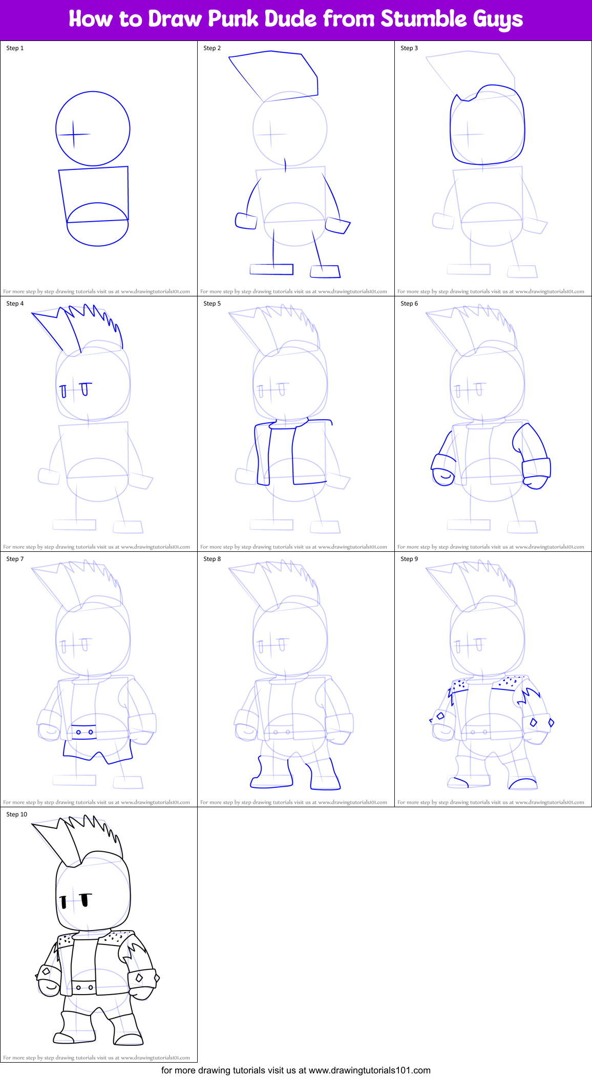 How to Draw Punk Dude from Stumble Guys Printable Step by Step
